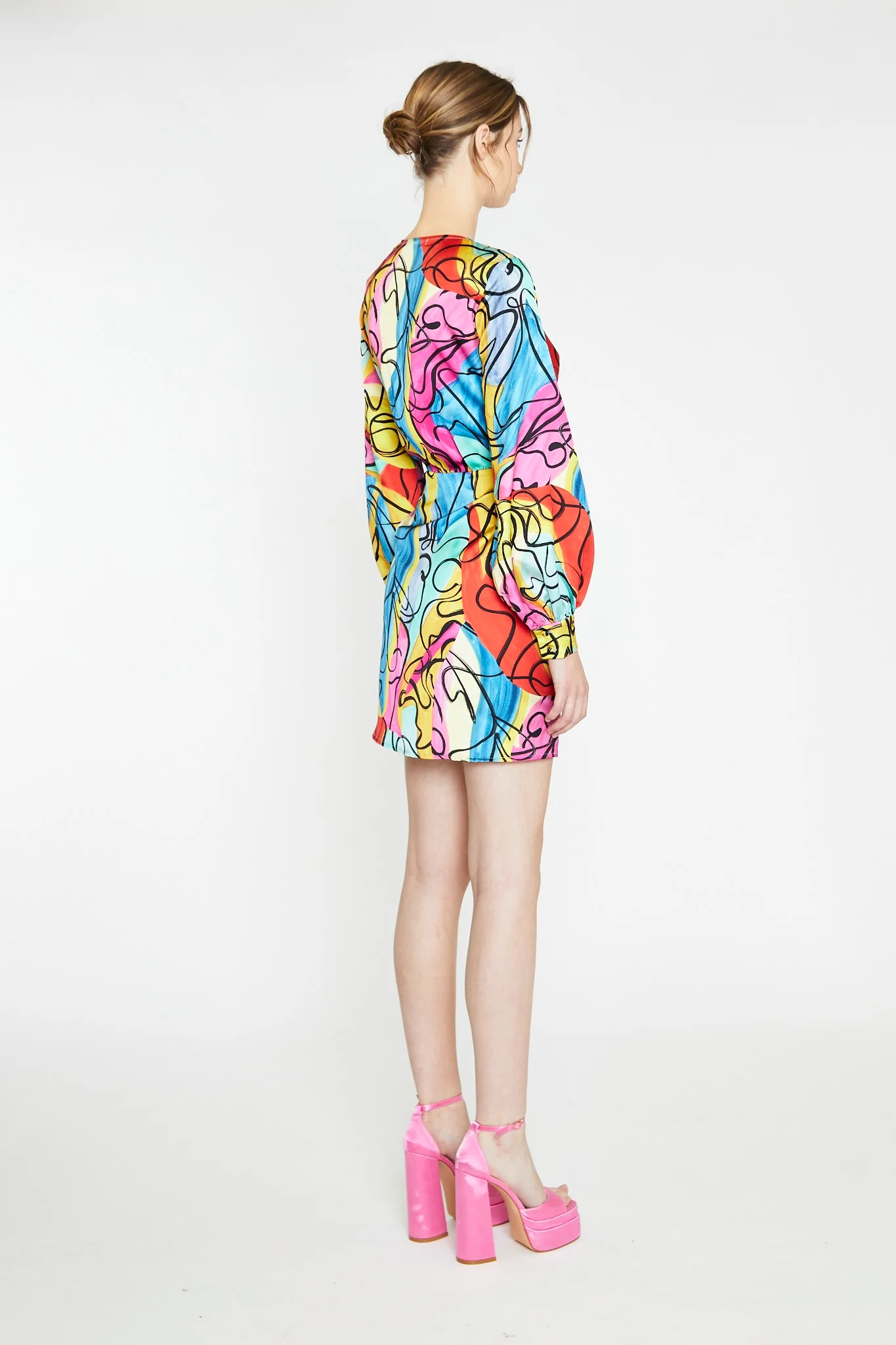 Multi-Abstract Scribble Wrap Mini-Dress - Image 2