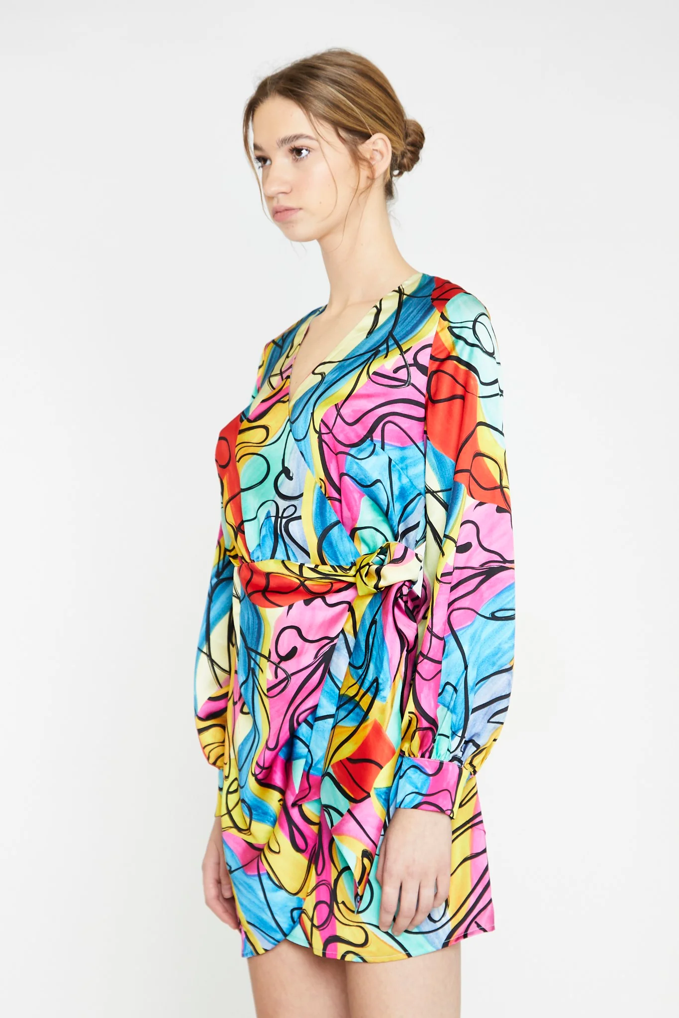 Multi-Abstract Scribble Wrap Mini-Dress - Image 3