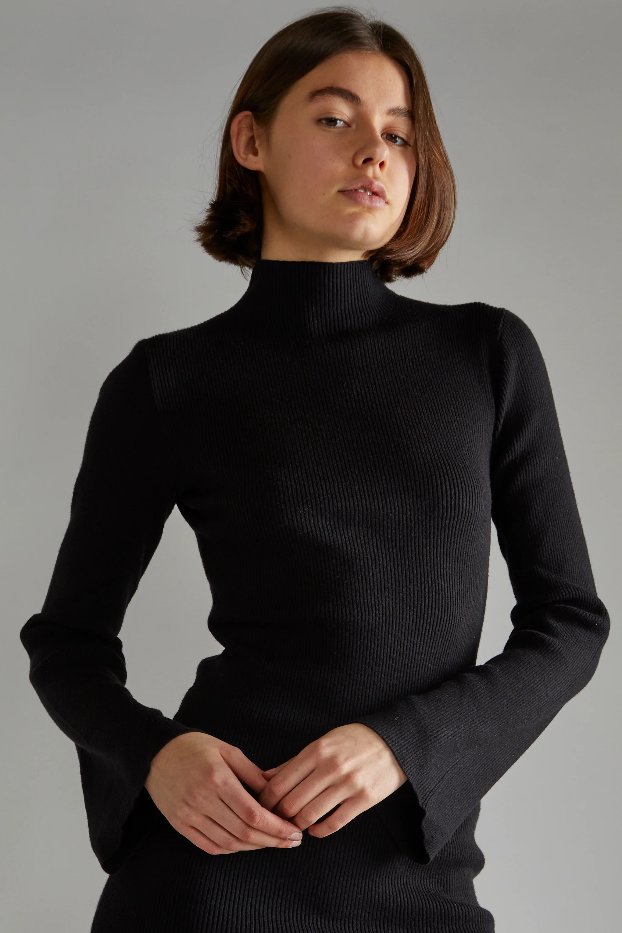Black Flared Sleeve Knitted Mini-Dress - Image 3