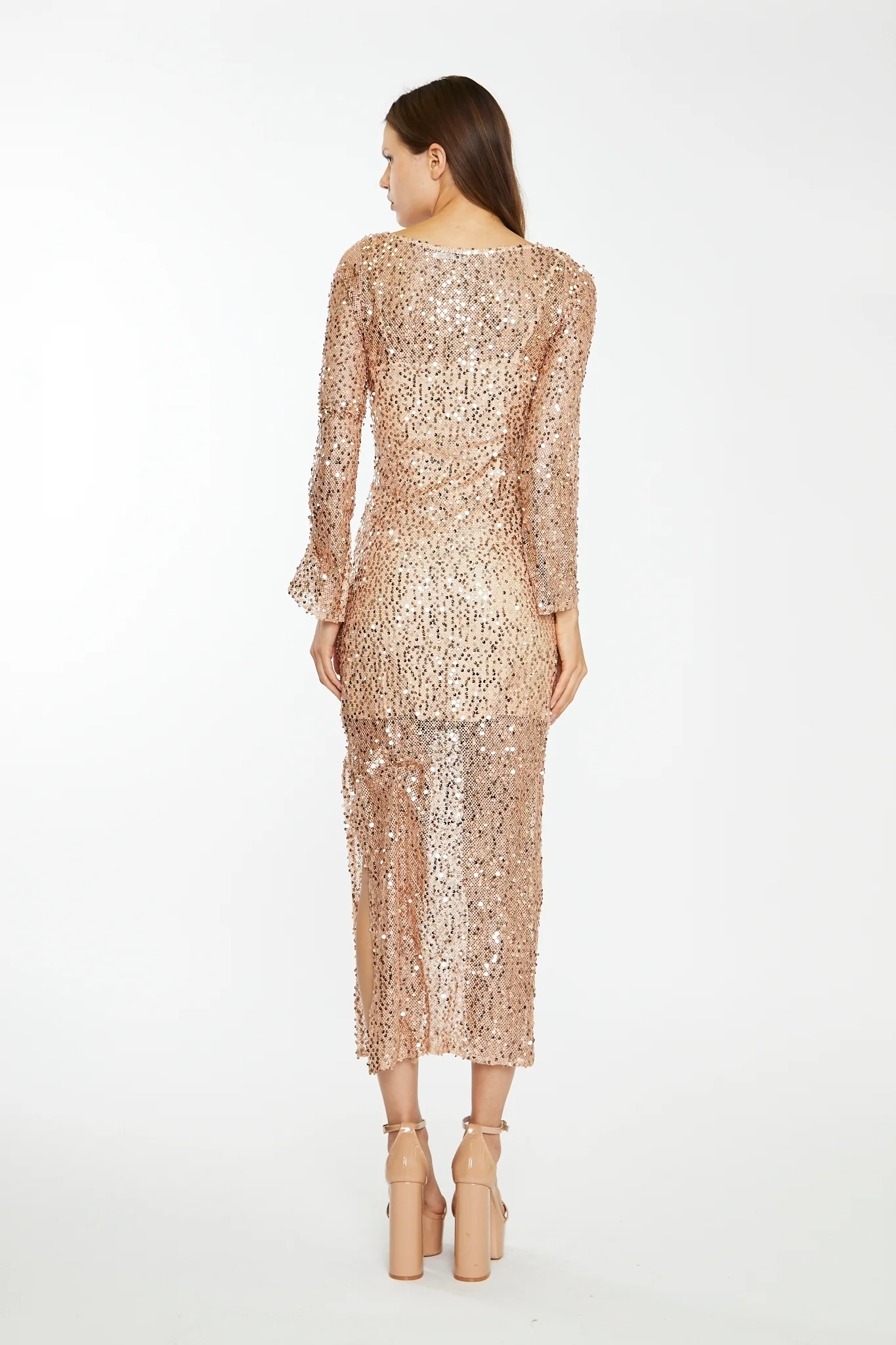 Rose-Gold Sequin Mesh V-Neck Maxi-Dress - Image 2