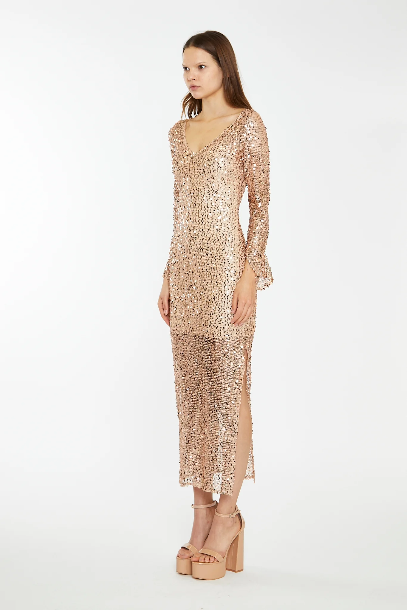 Rose-Gold Sequin Mesh V-Neck Maxi-Dress - Image 4