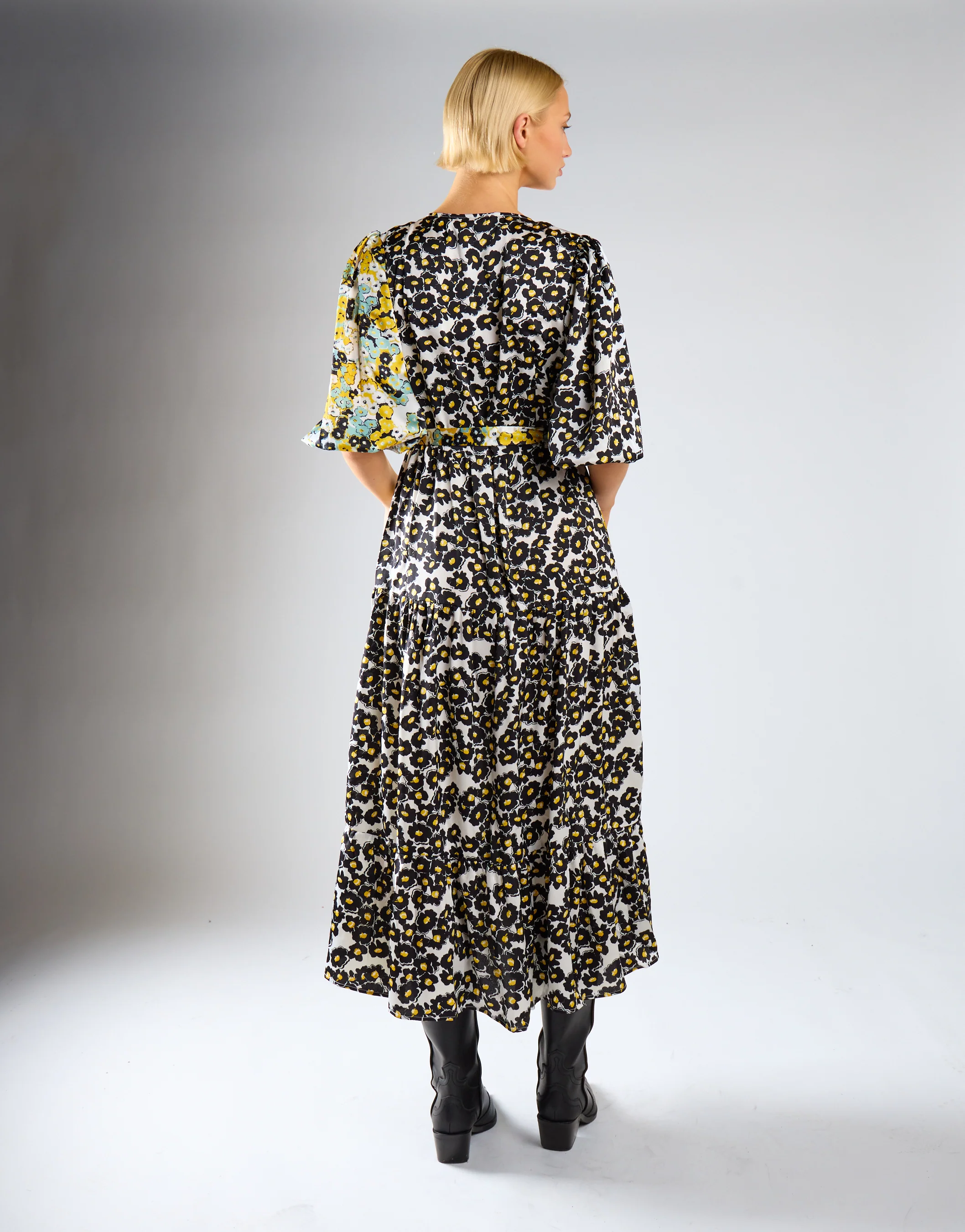 Glamorous Mono Mustard Floral Wrap Front Tiered Midaxi Dress - Image 2