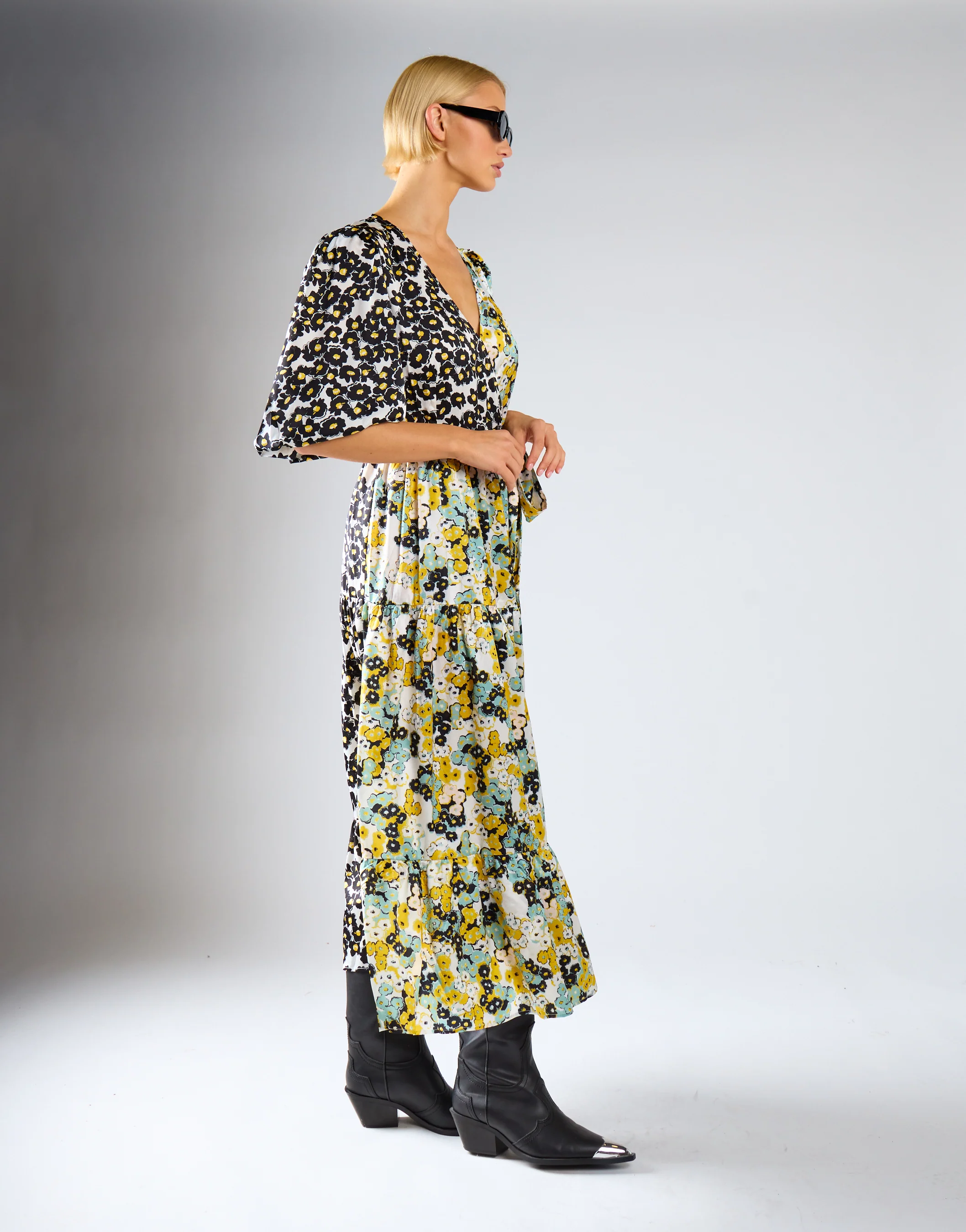 Glamorous Mono Mustard Floral Wrap Front Tiered Midaxi Dress - Image 3