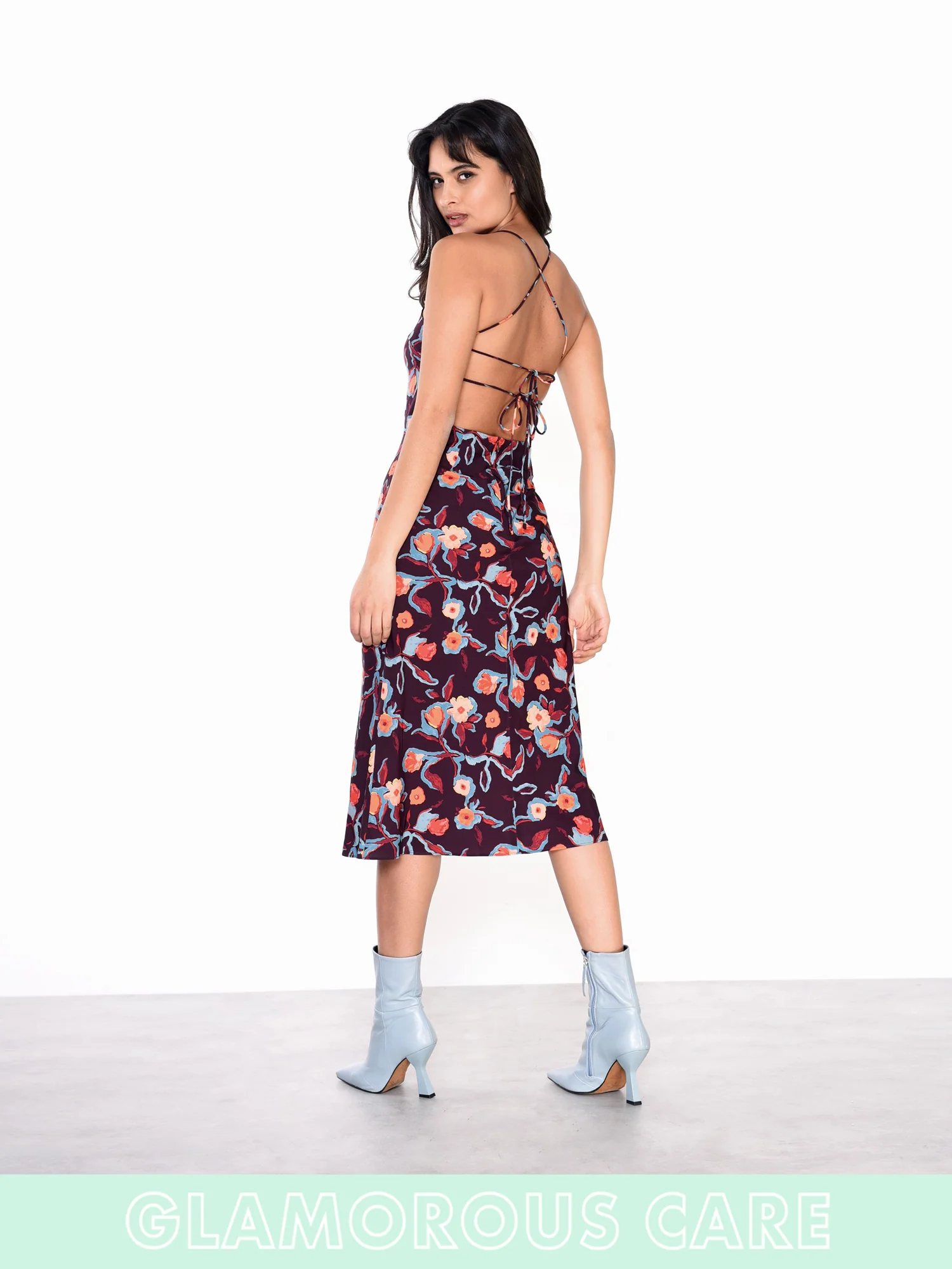Glamorous Care Plum Abstract Floral strappy Tie Back Midi Dress - Image 5