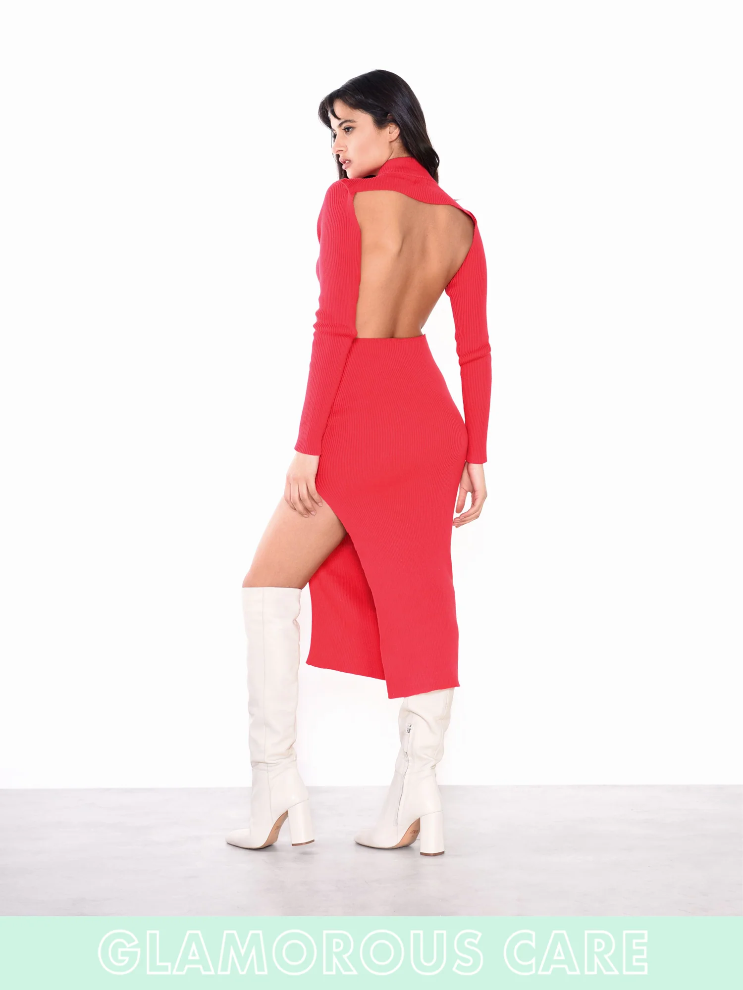 Glamorous Care Poppy Red High Neck Side Split Backless Midi Dress - Image 4
