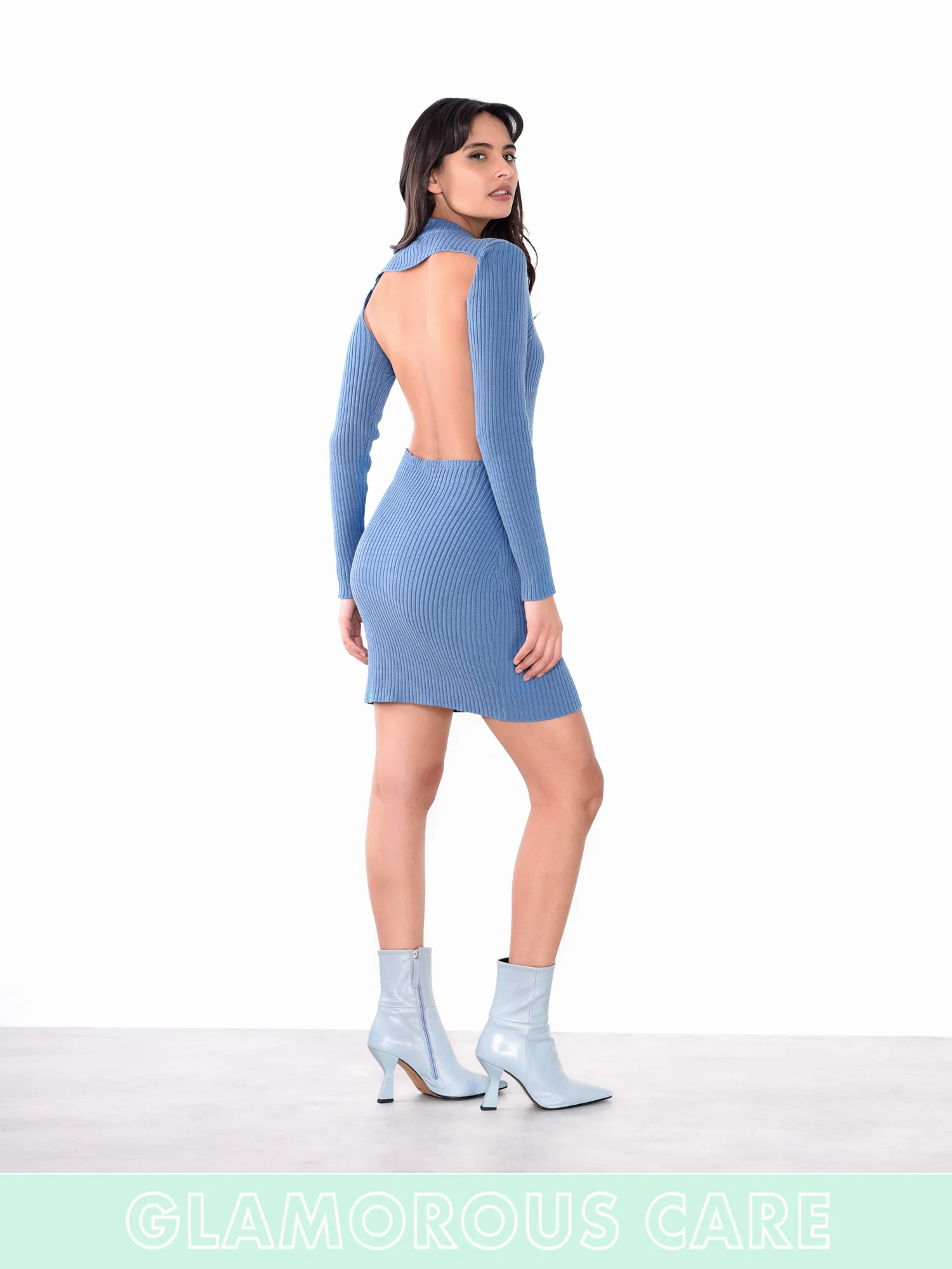 Glamorous Care Stone Blue High Neck Long Sleeve Backless Ribbed Mini Dress - Image 6