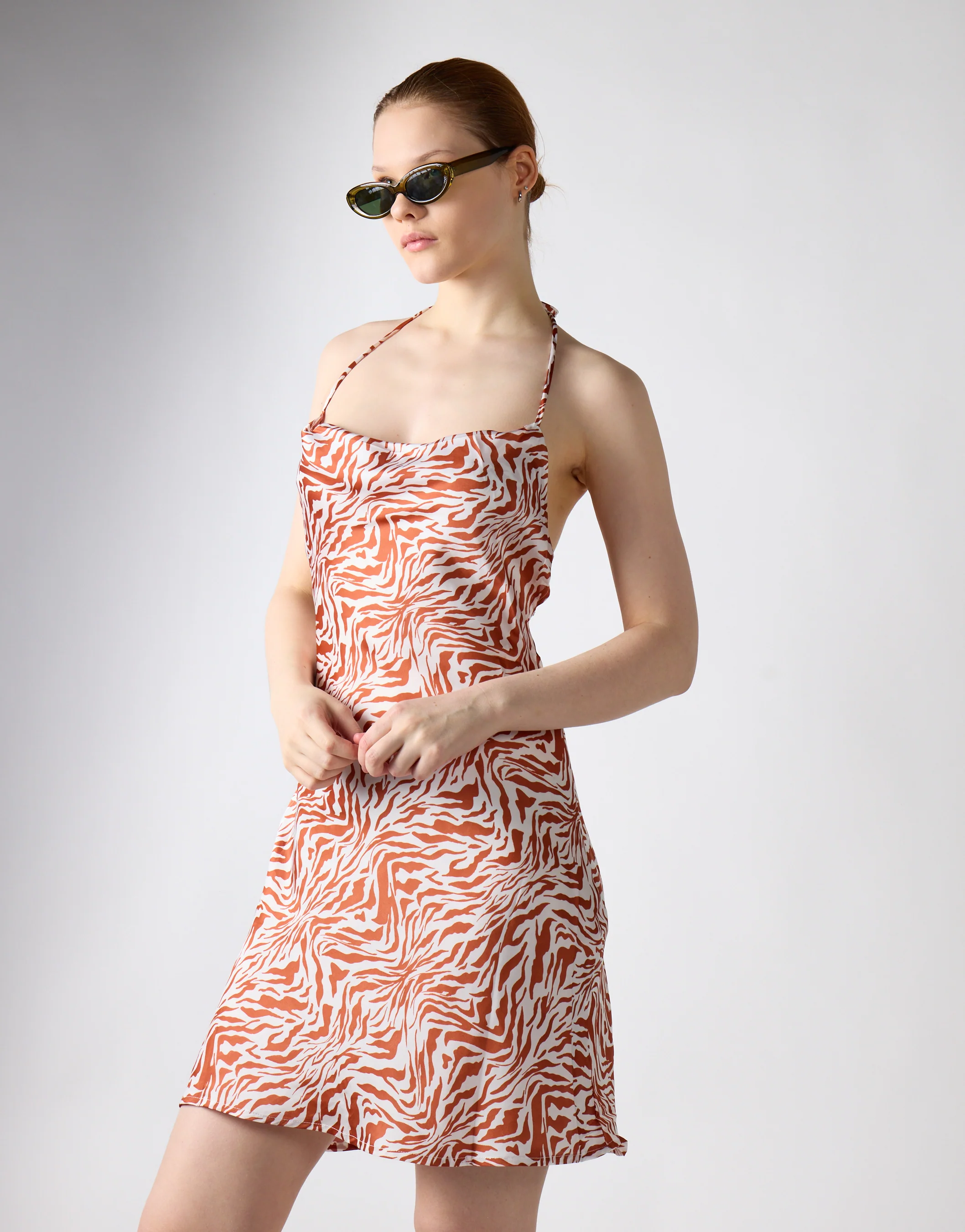 Glamorous Care Tan Zebra Print Cowl Neck Mini Dress - Image 4