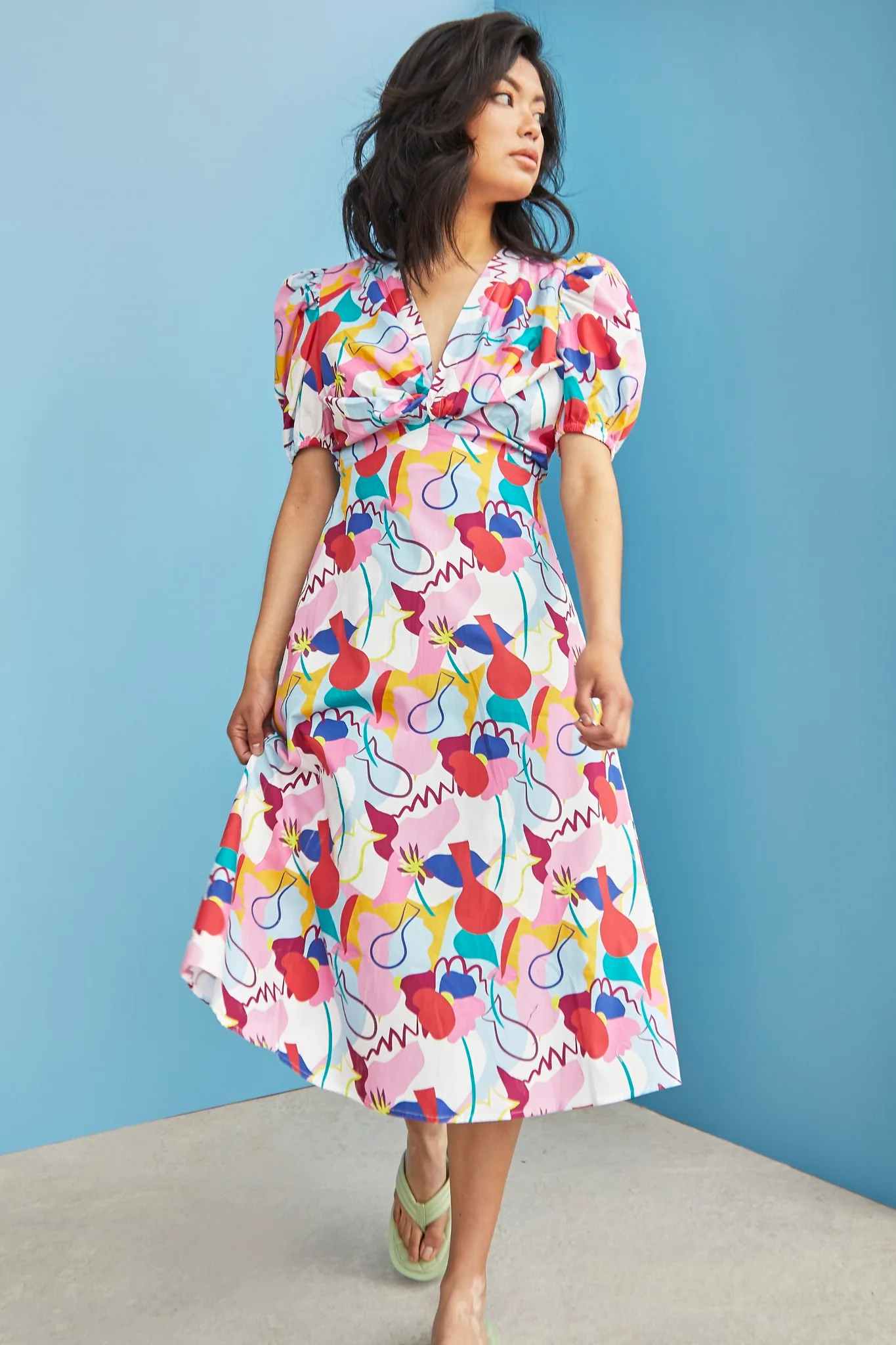 Glamorous Care Abstract Rainbow Print V- Neck Puff Shoulder Midi Dress