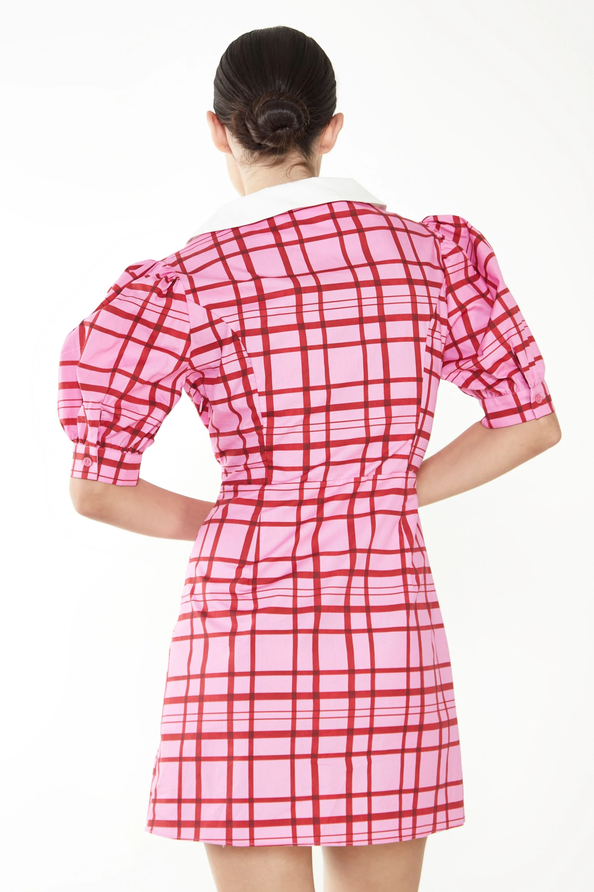 Glamorous Short Puff Sleeve Pink Red Grid Check Mini Dress with Collar Detail - Image 2