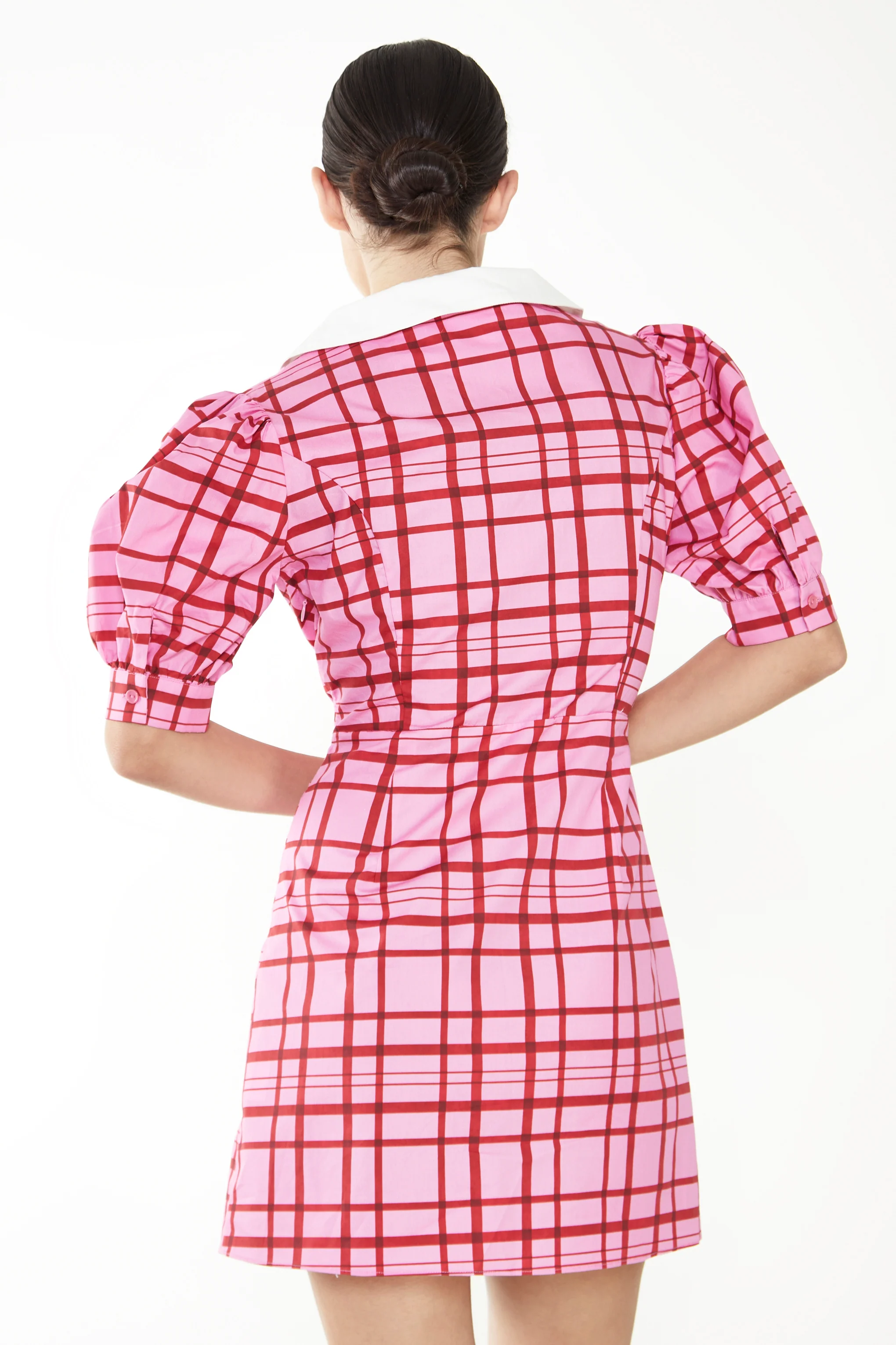 Glamorous Short Puff Sleeve Pink Red Grid Check Mini Dress with Collar Detail - Image 5