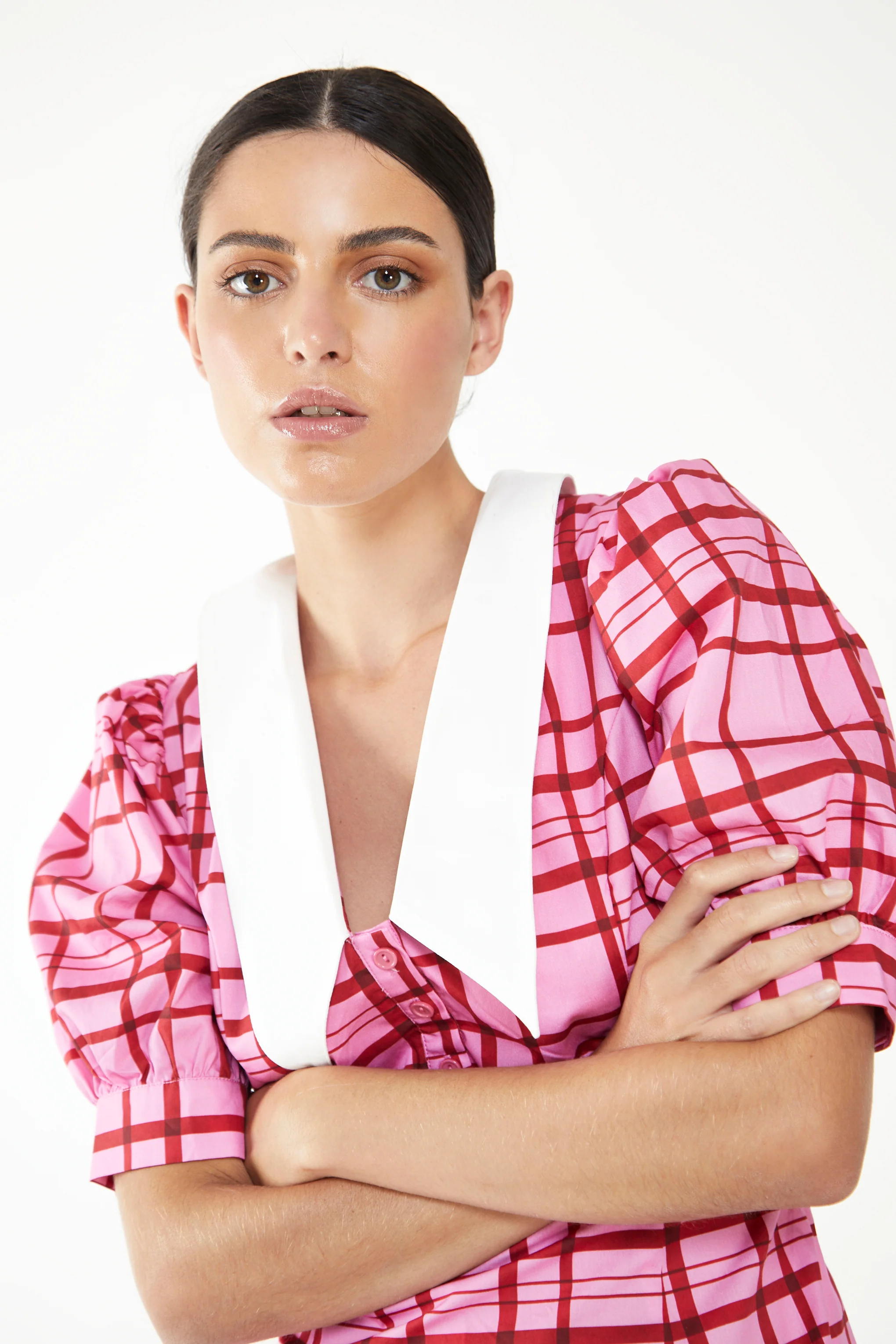 Glamorous Short Puff Sleeve Pink Red Grid Check Mini Dress with Collar Detail - Image 7