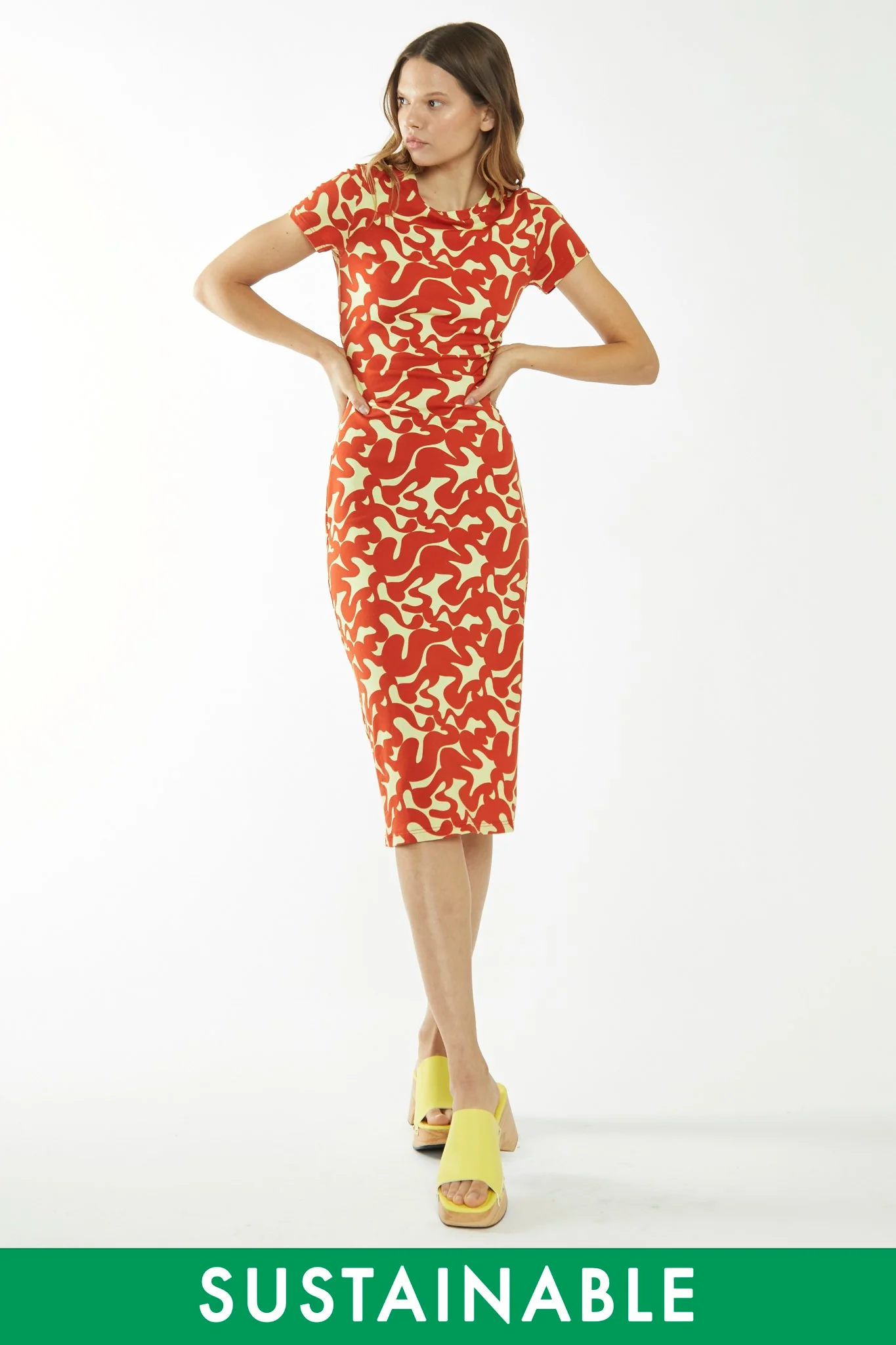 Banana-Orange Squiggle Jersey Midi Dress