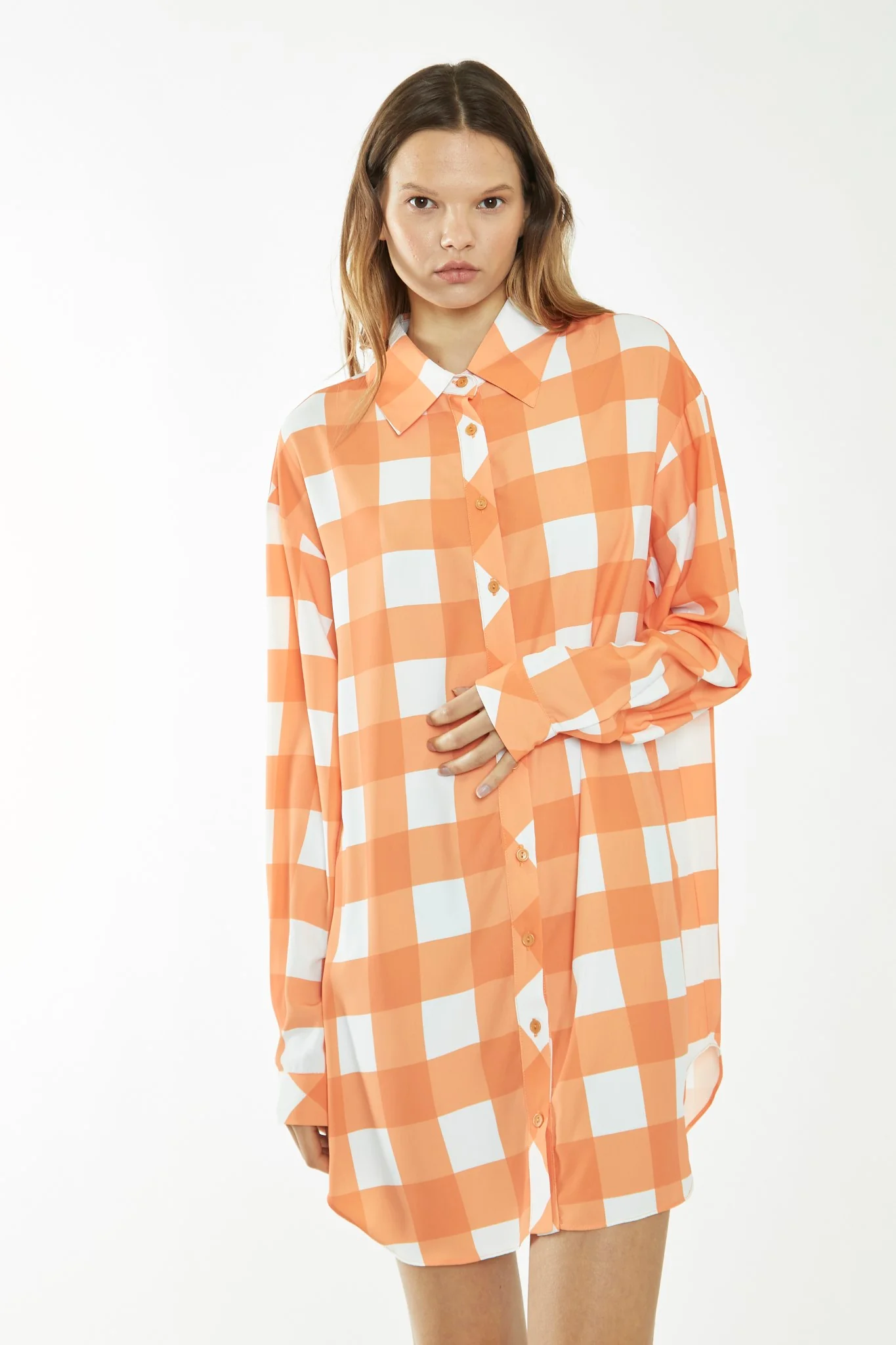 Orange-White Gingham Long-Sleeve Mini Shirt Dress - Image 2