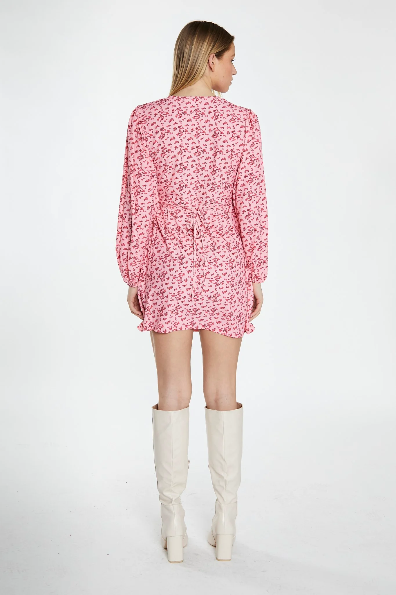Raspberry Ditsy V-Neck Wrap Mini Dress - Image 4