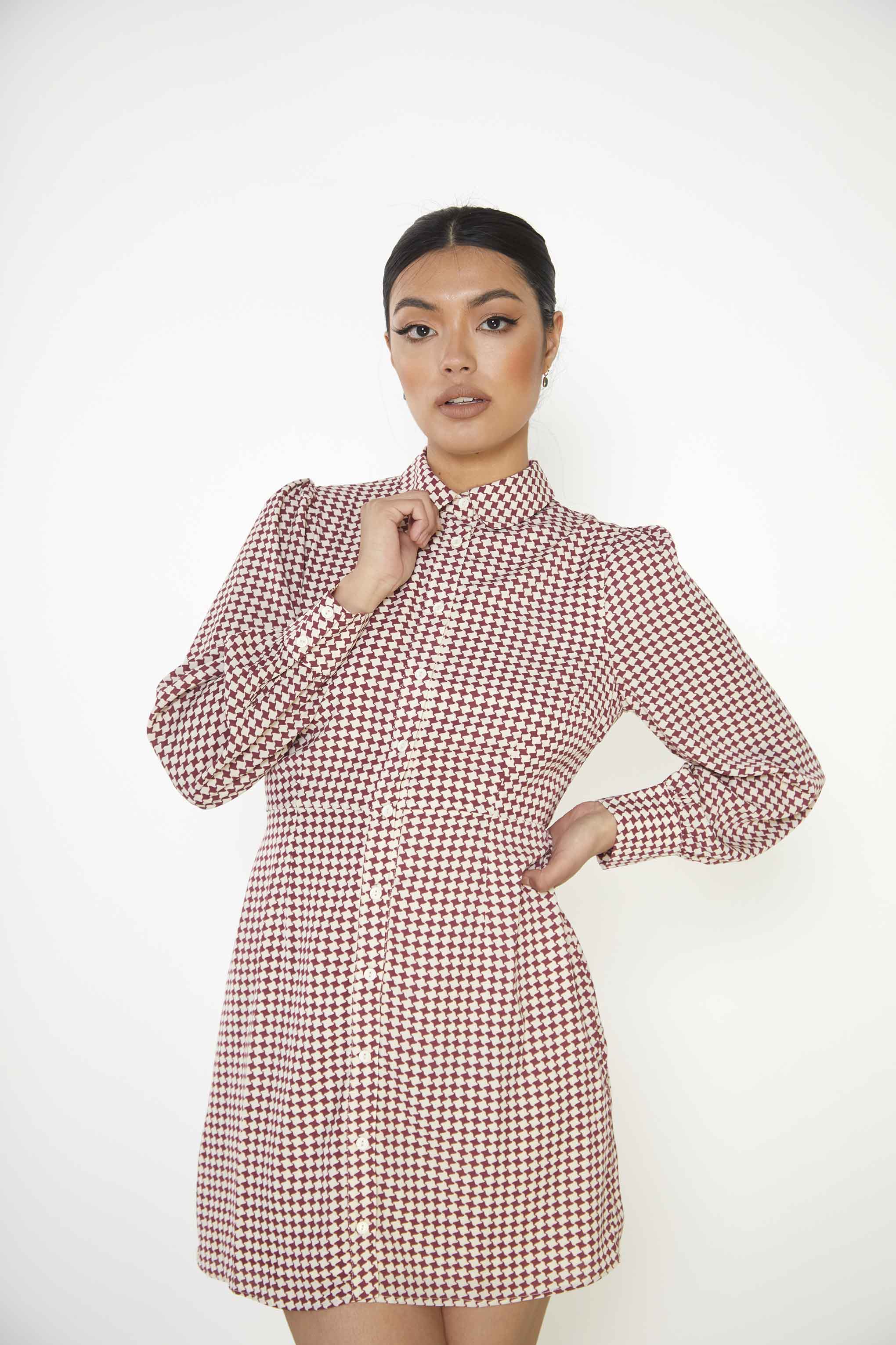 Glamorous Burgundy Geometric Check Long Sleeve Mini Shirt Dress with Peter Pan Collar - Image 2