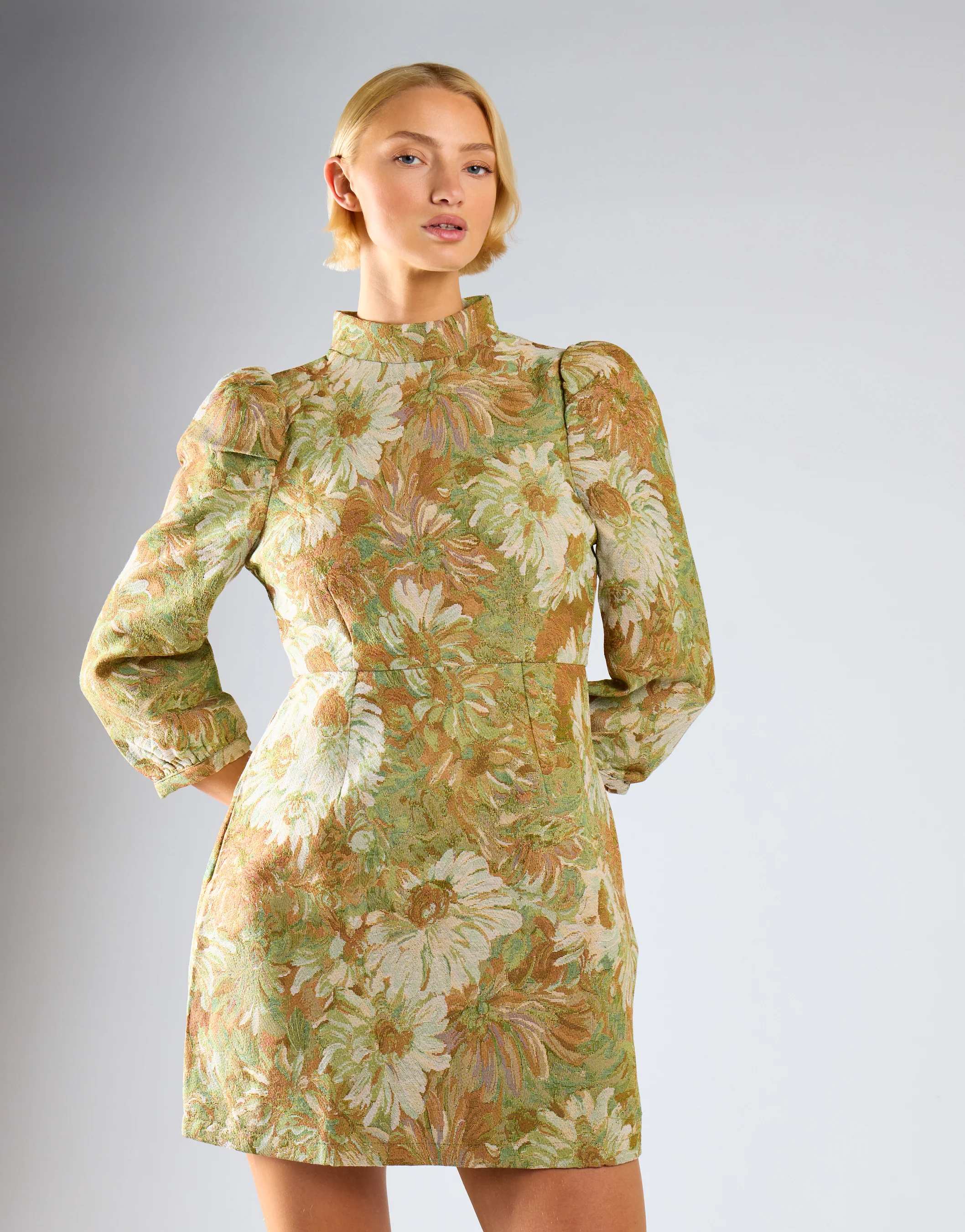 Green Multi Brocade High Neck Puff Shoulder Mini Dress - Image 2