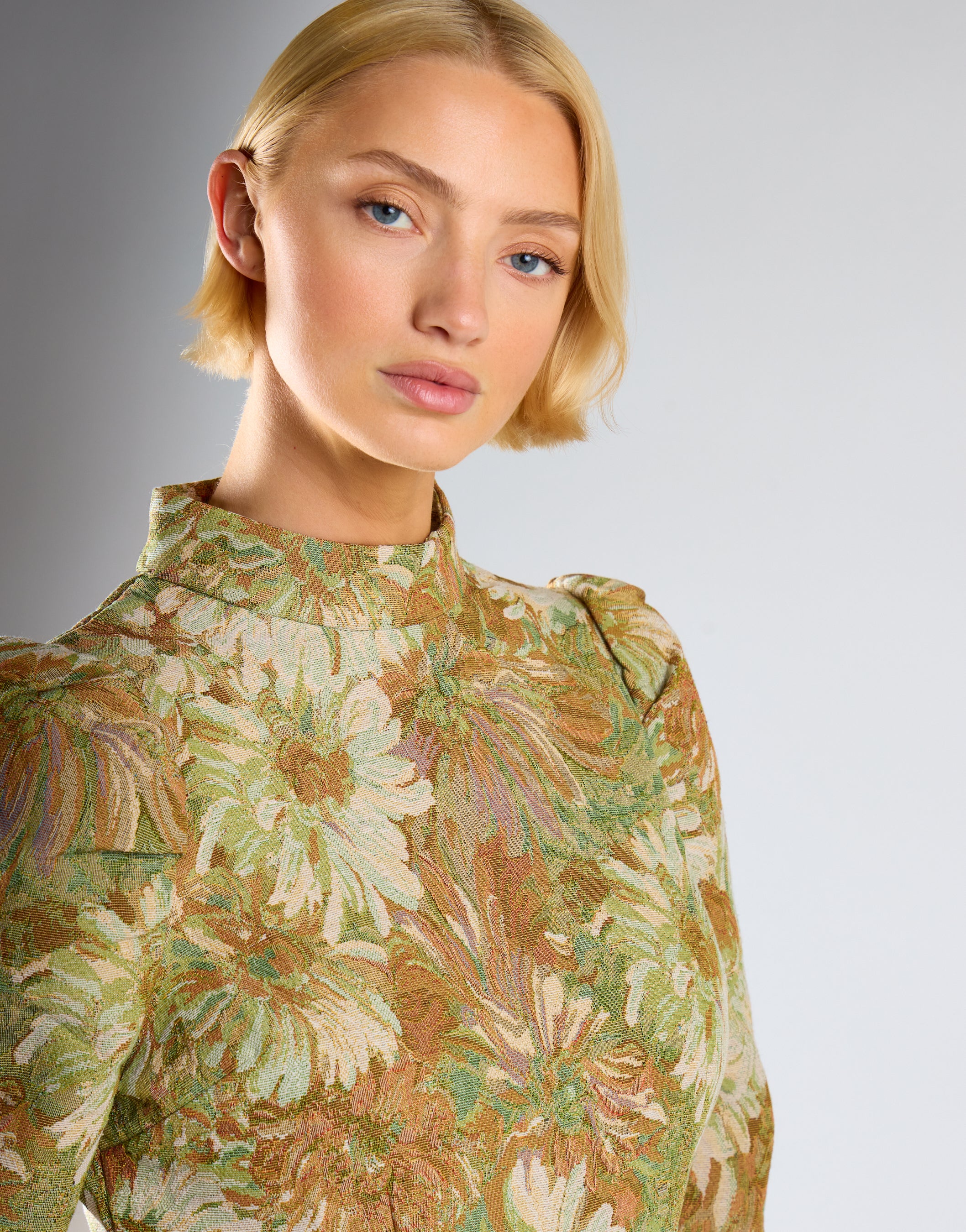 Green Multi Brocade High Neck Puff Shoulder Mini Dress - Image 3