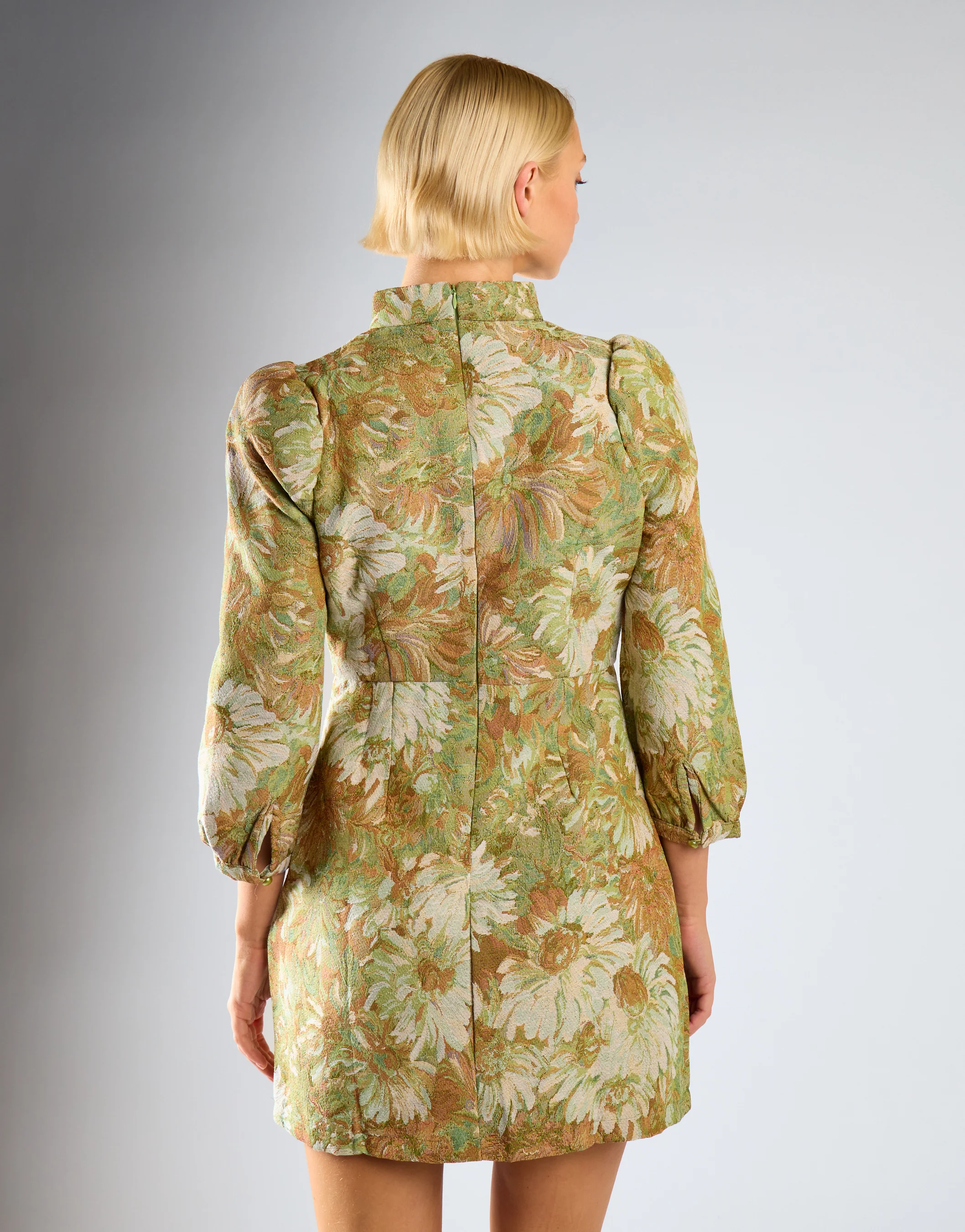 Green Multi Brocade High Neck Puff Shoulder Mini Dress - Image 4