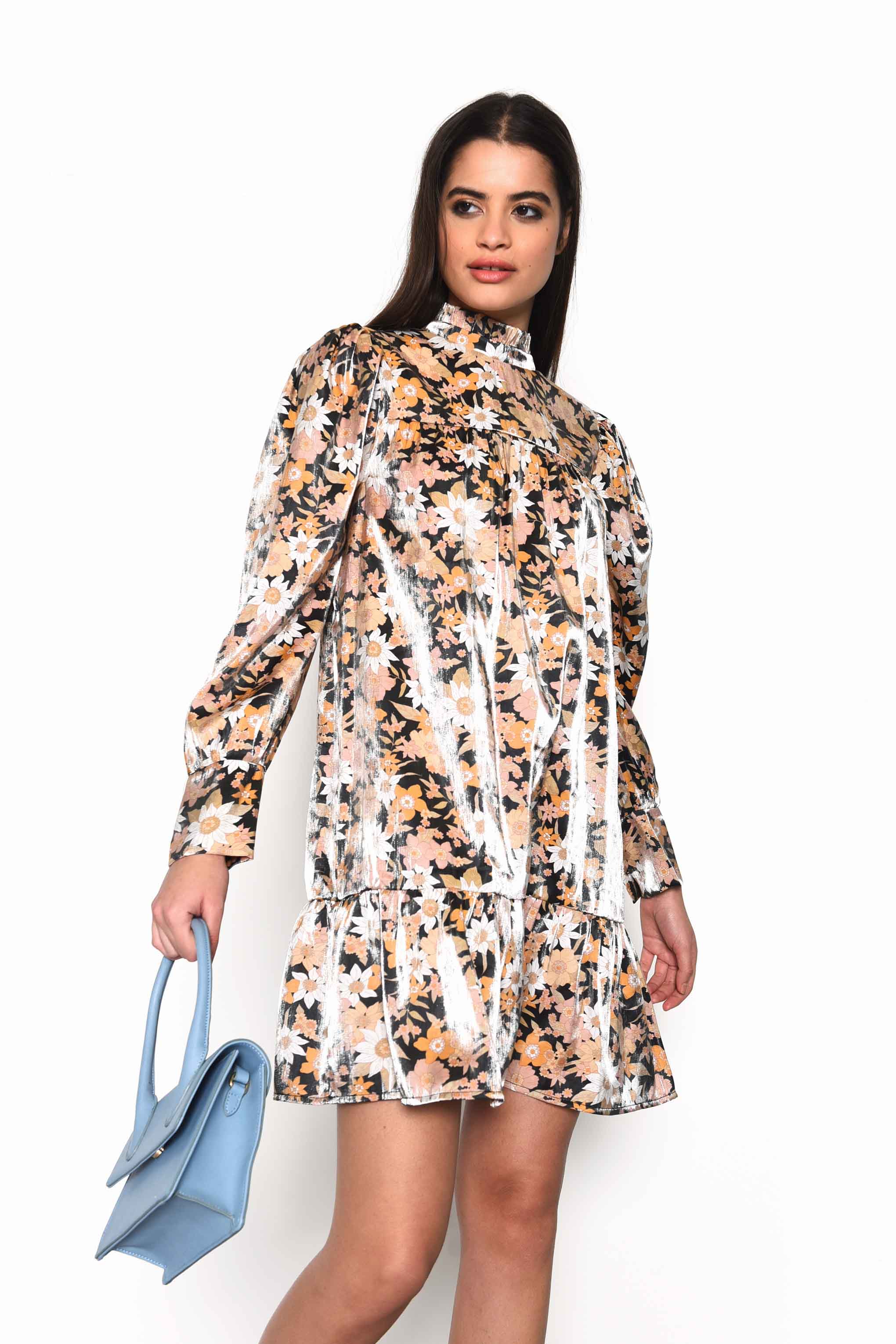 Glamorous Black Gold Multi Floral High Neck Mini Dress with Gathered Tiers and Sleeves - Image 3