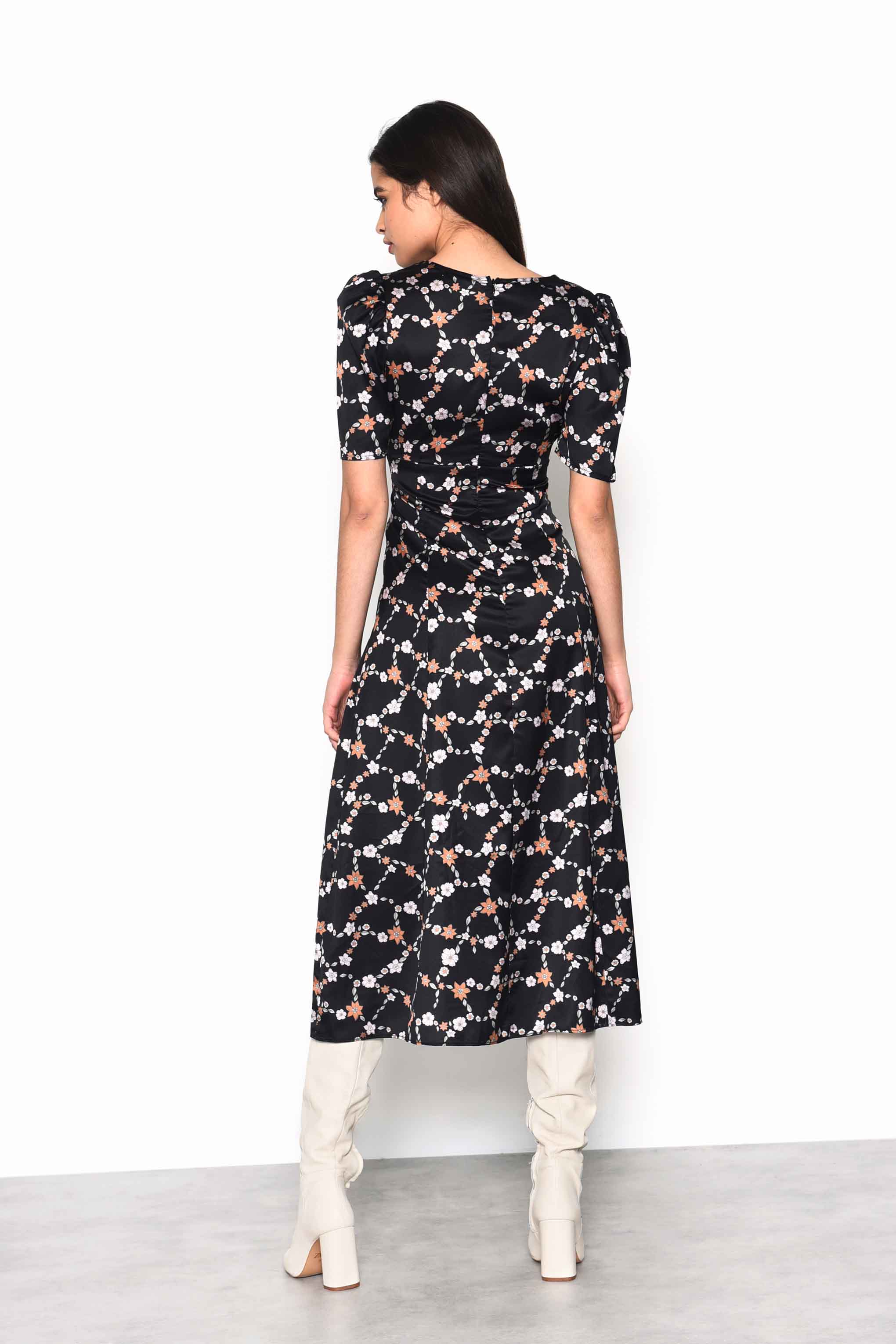 Glamorous Chain Floral Button Down Midi Dress with Plunging Neckline, Gathered Bust Detail and Puff Sleeves - Image 2