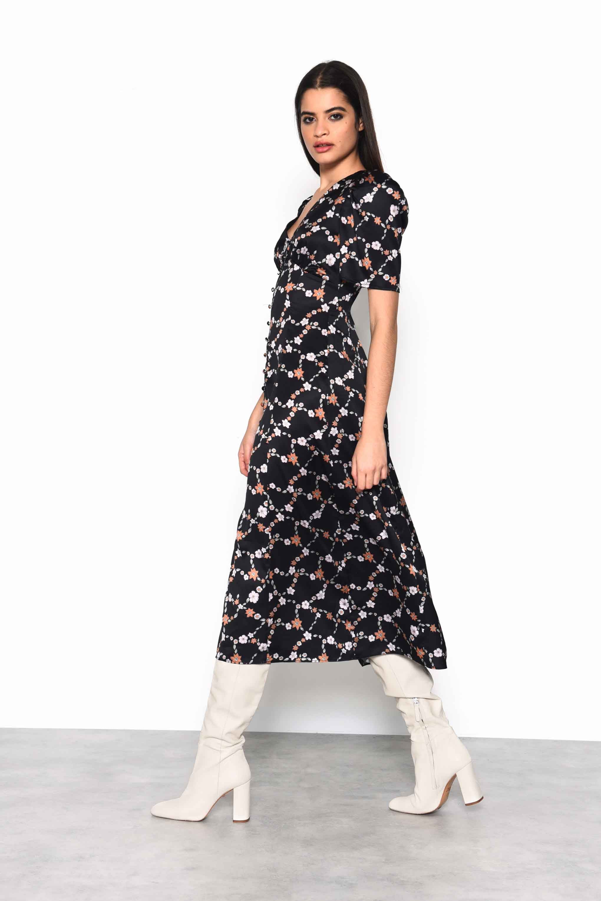 Glamorous Chain Floral Button Down Midi Dress with Plunging Neckline, Gathered Bust Detail and Puff Sleeves - Image 3