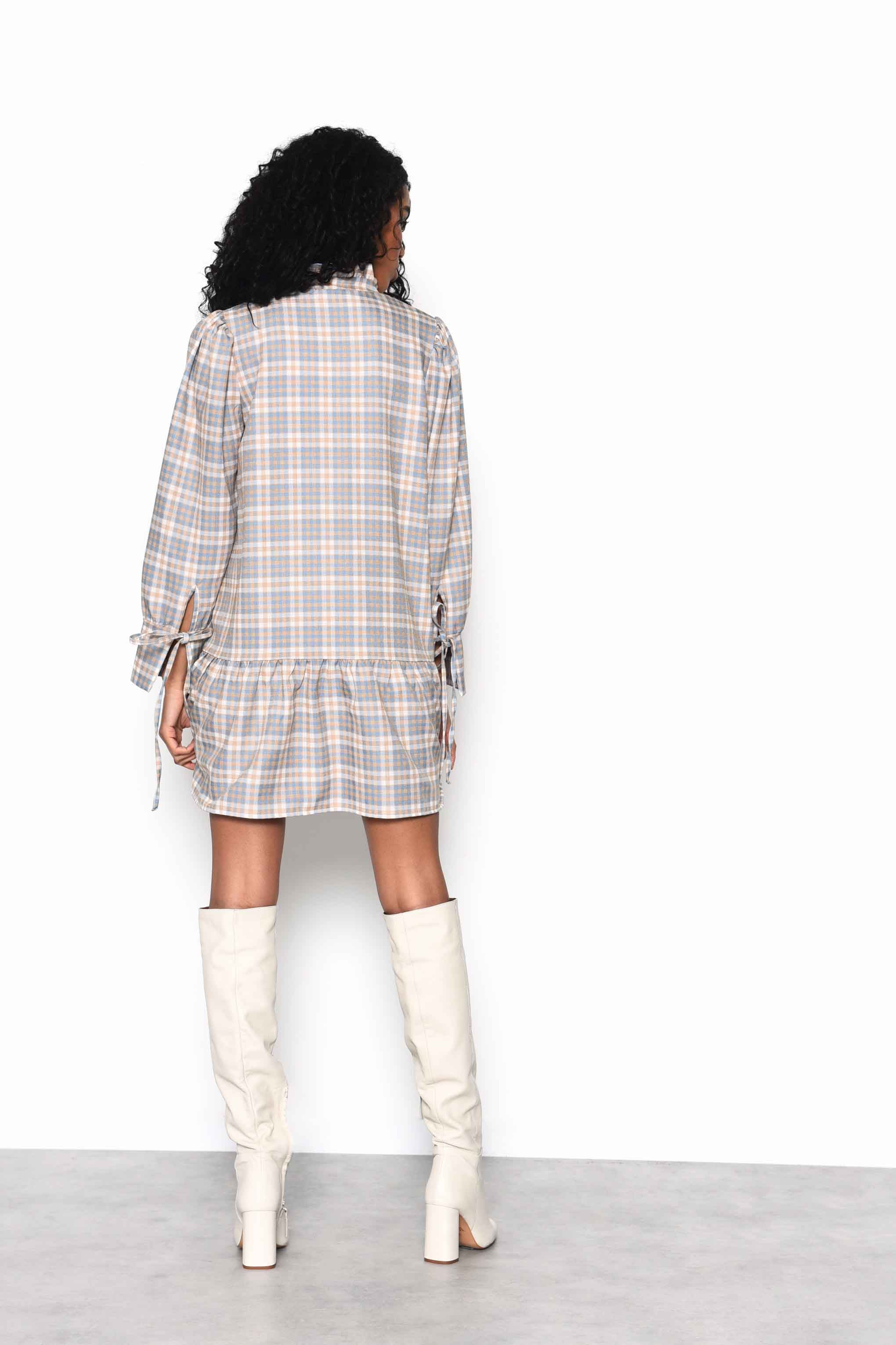 Glamorous Light Blue Multi Check Tiered Mini Dress with Neck Ruffle - Image 2