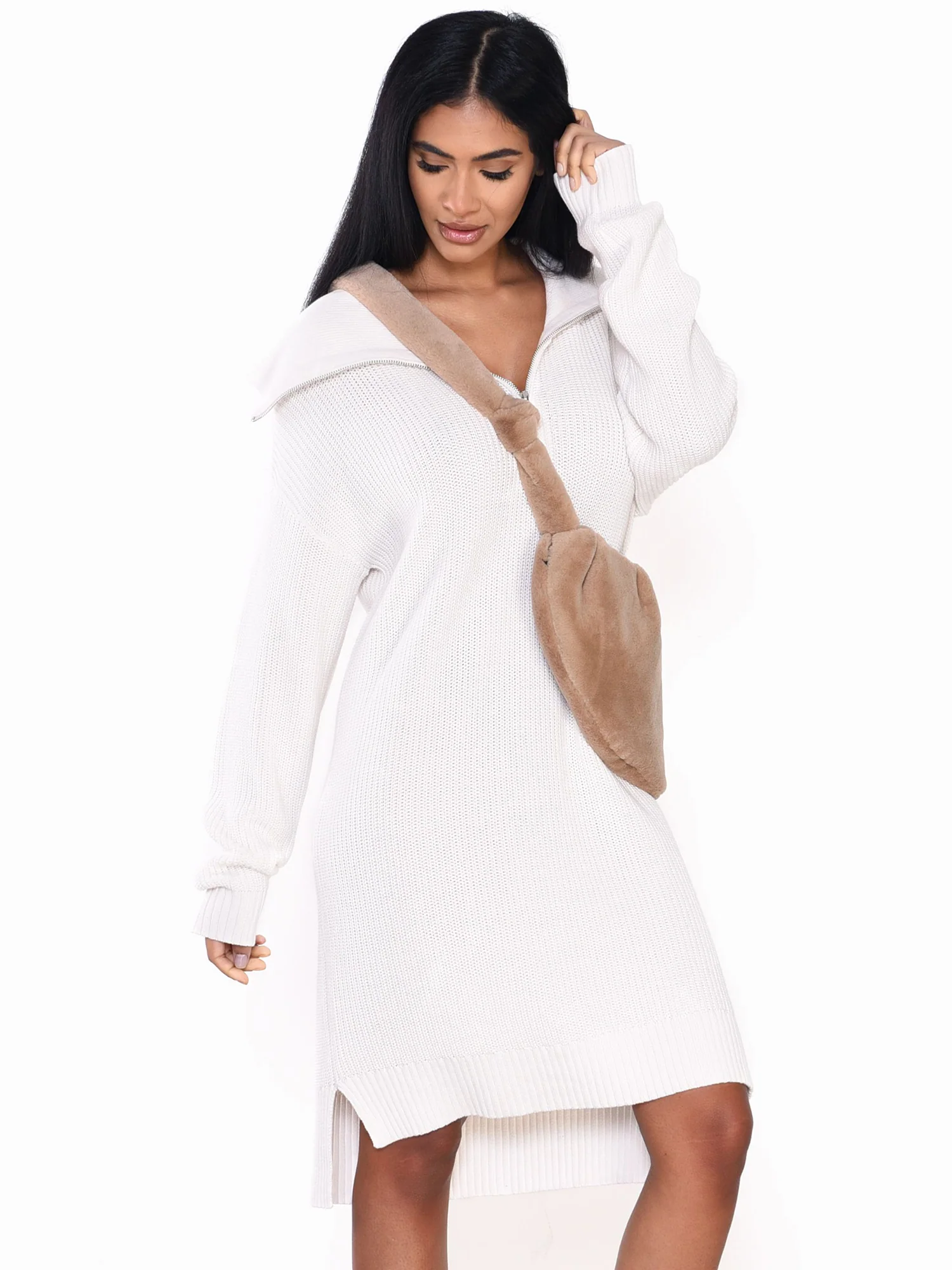 Glamorous Off White Quarter Zip Knit Midi Dress - Image 3