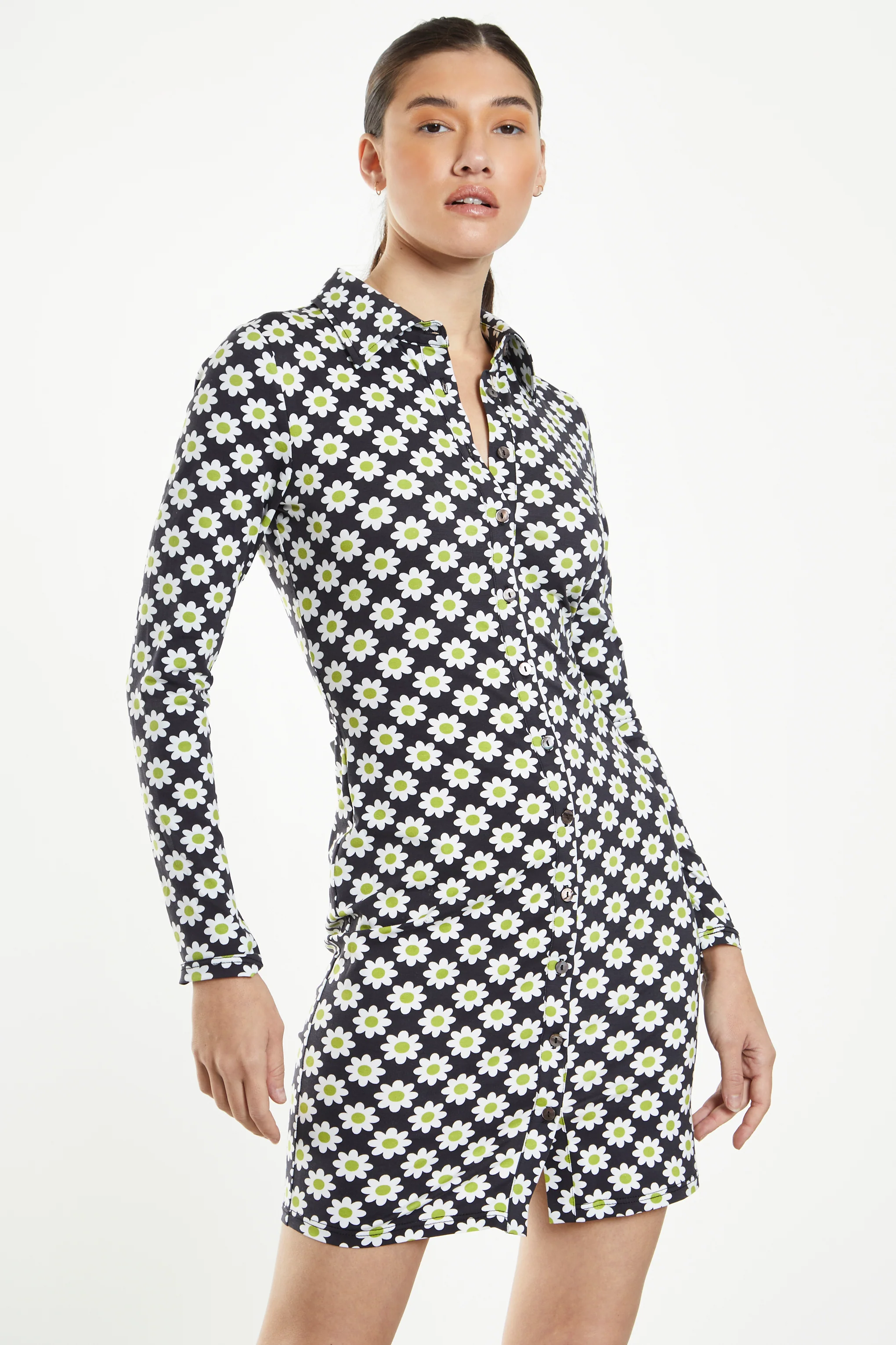 Glamorous Sixties Flower Jersey Long Sleeve Bodycon Dress with Collar - Image 3