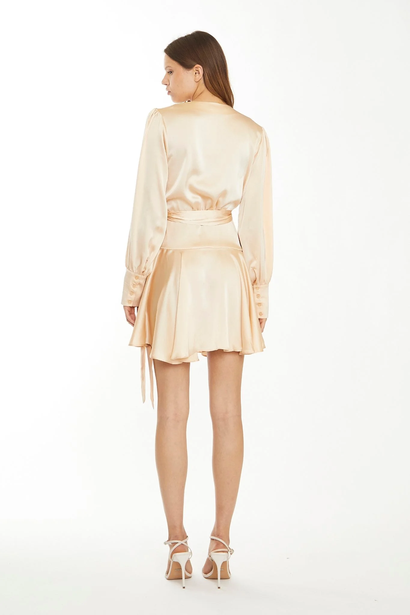 Peach Champagne Satin Wrap Mini-Dress - Image 2