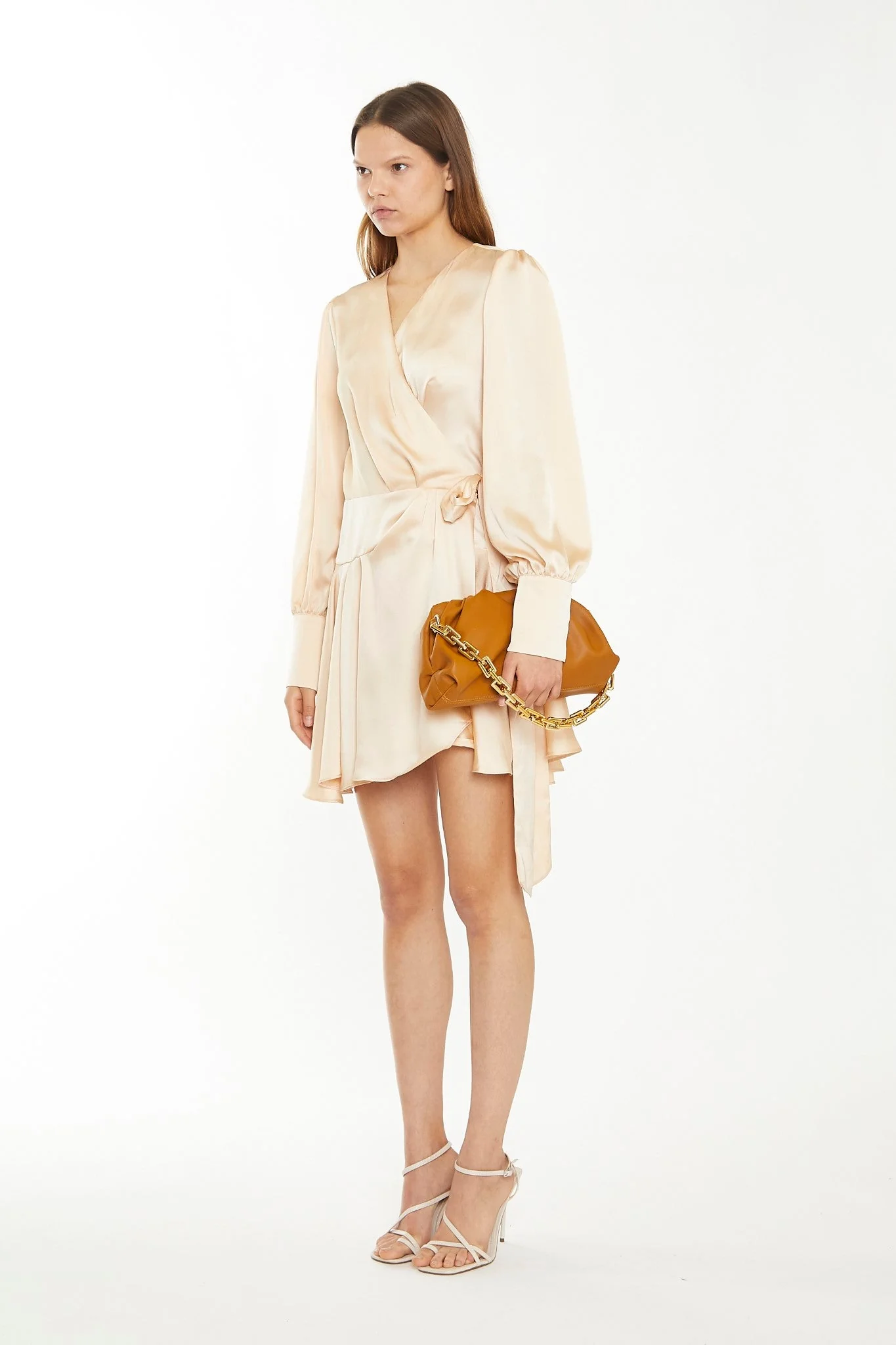 Peach Champagne Satin Wrap Mini-Dress - Image 3