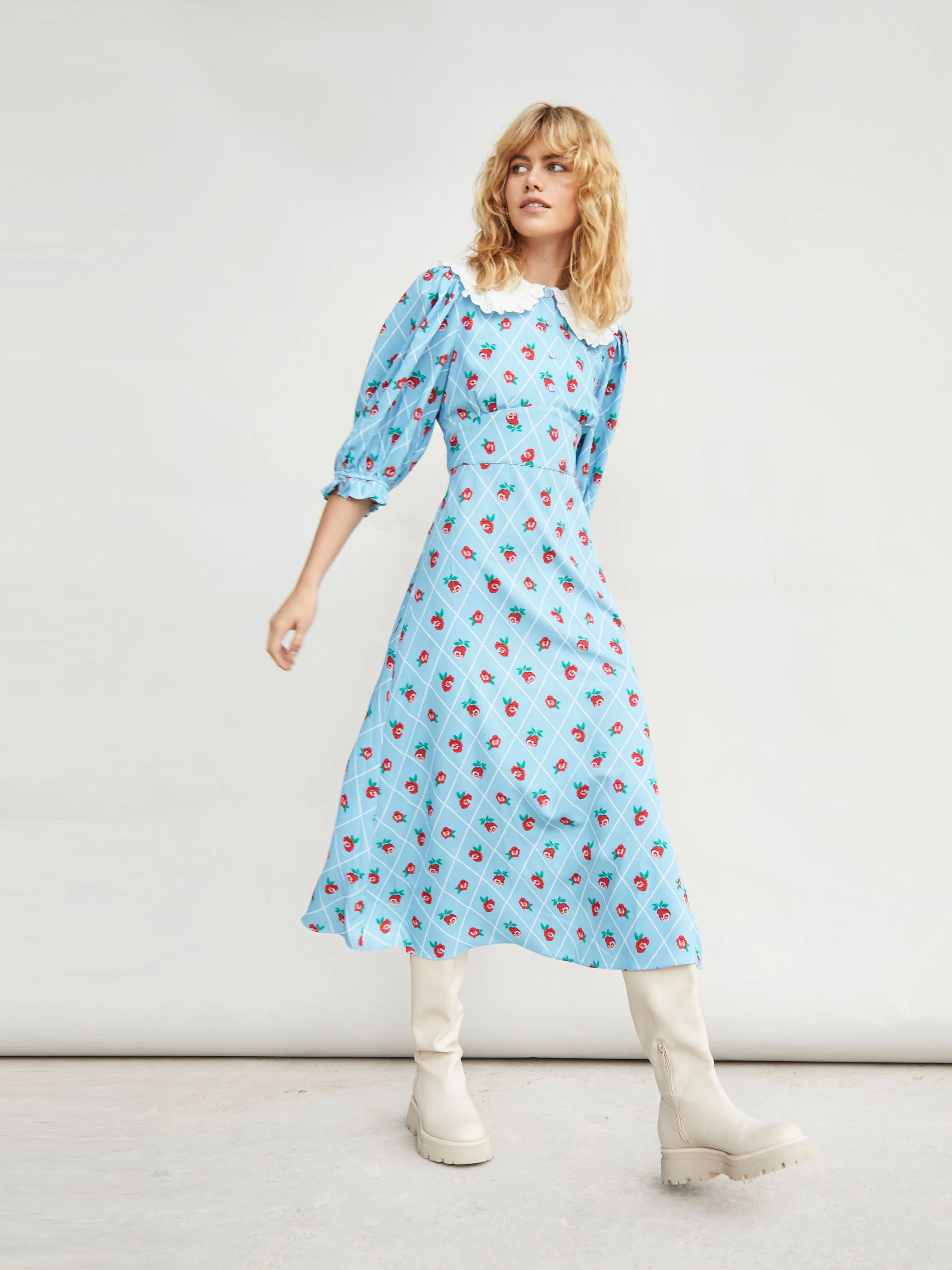 Glamorous Rose Trellis Pattern White Collar Midi Dress