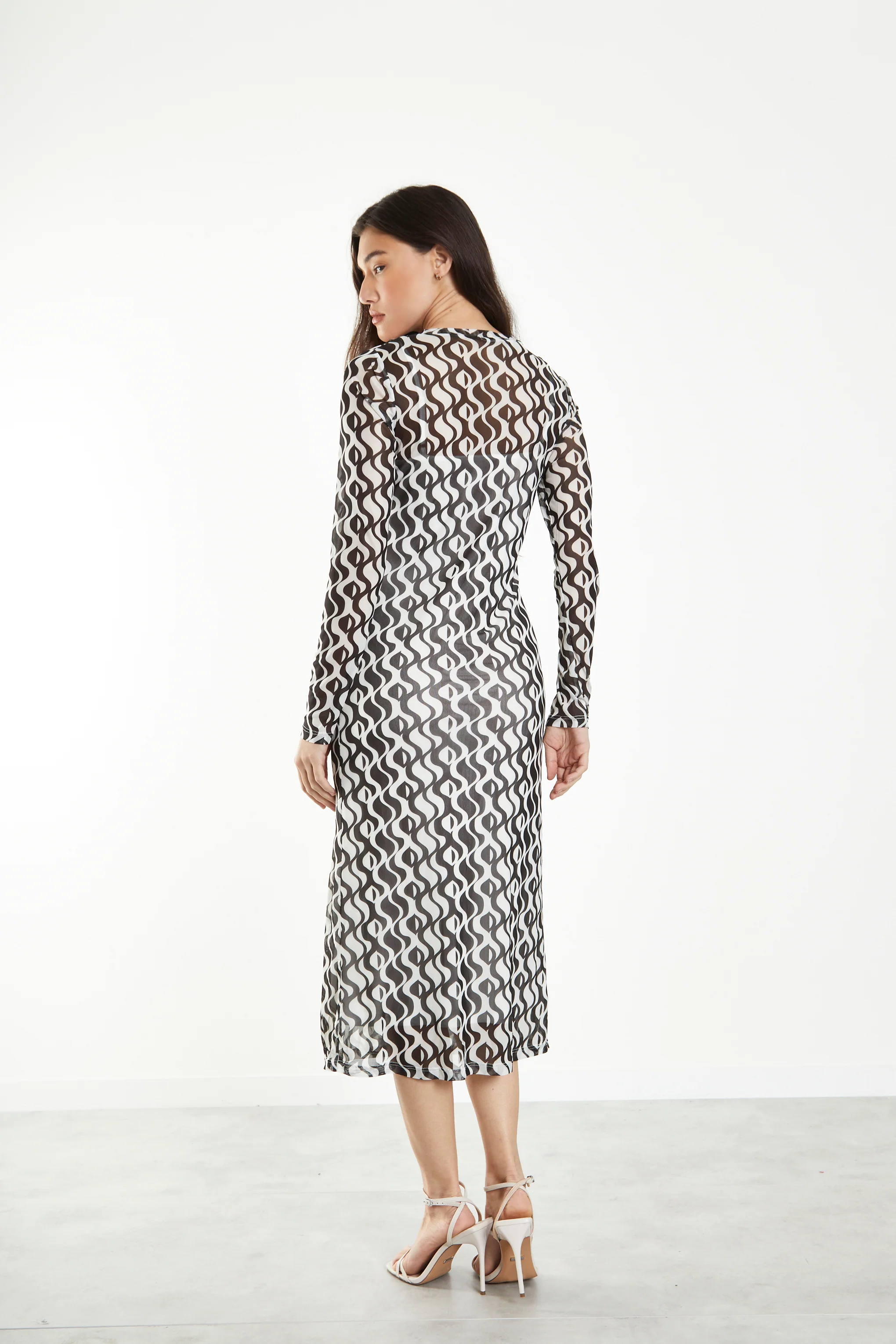 Glamorous Wavy Mono Mesh Midi dress with Long Sleeves & Cami Slip - Image 2