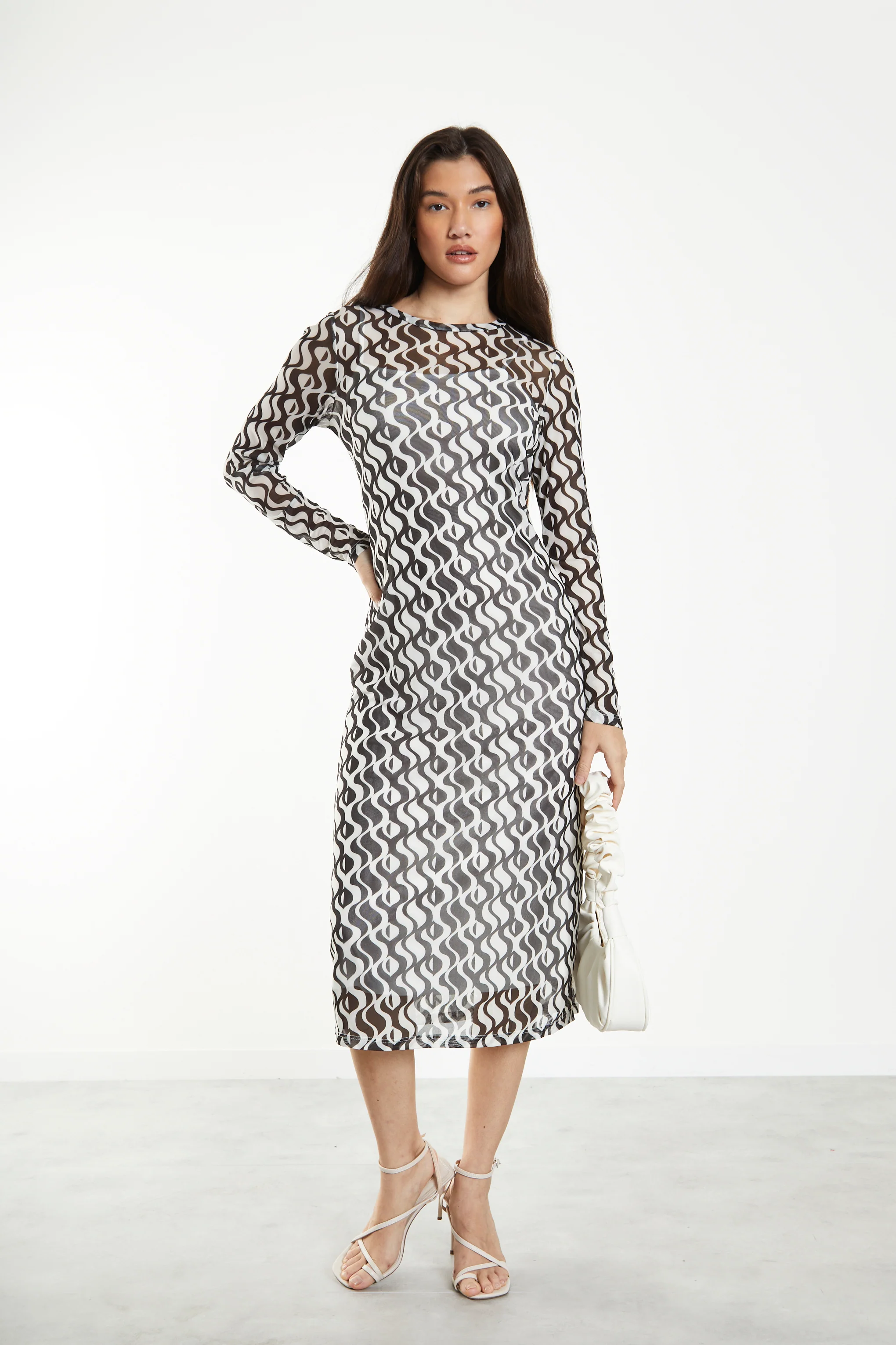 Glamorous Wavy Mono Mesh Midi dress with Long Sleeves & Cami Slip - Image 4