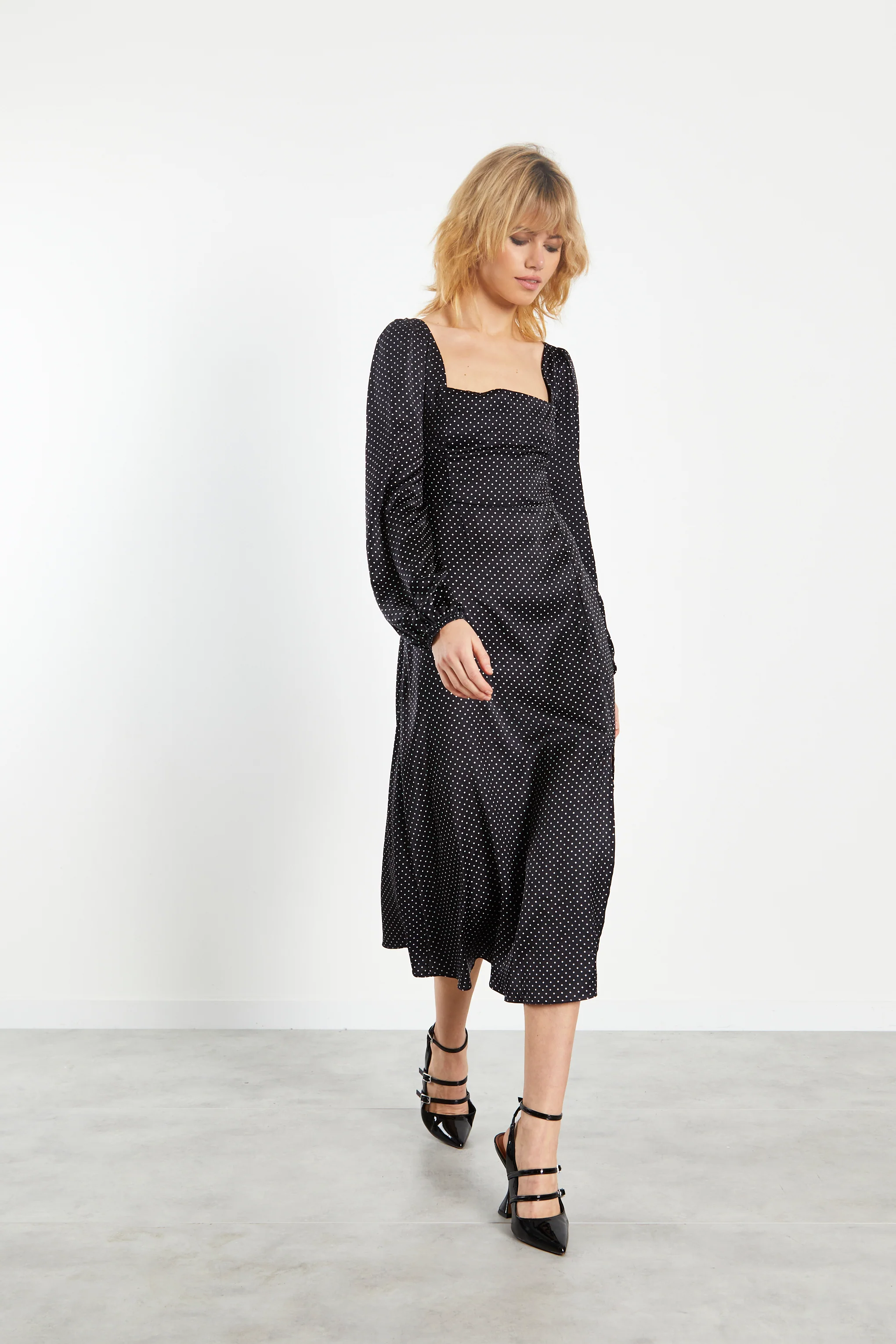 Glamorous Black White Spot Side Split Midi Dress - Image 3