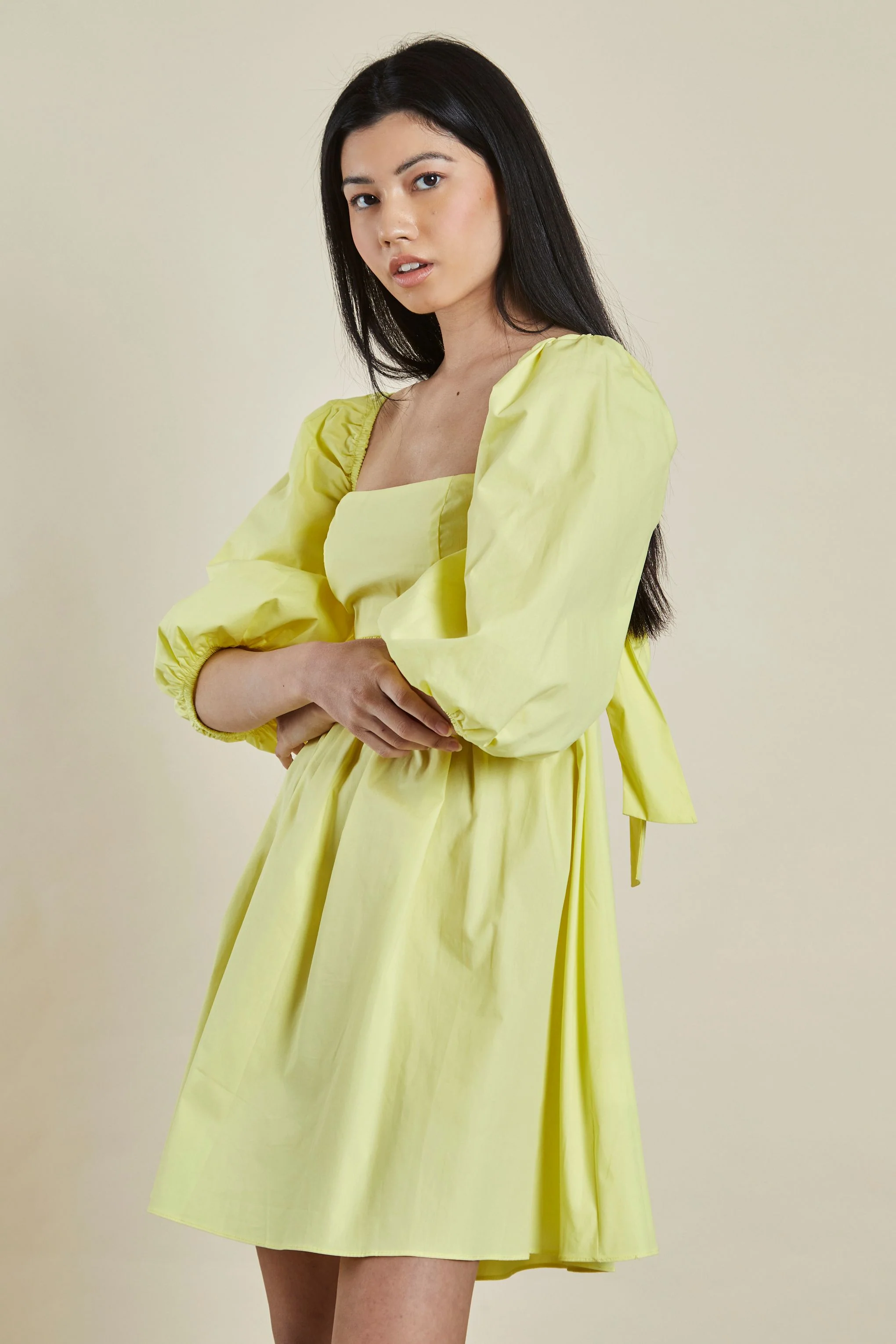 Glamorous Yellow Puff shoulder Tie Back Mini Dress - Image 4
