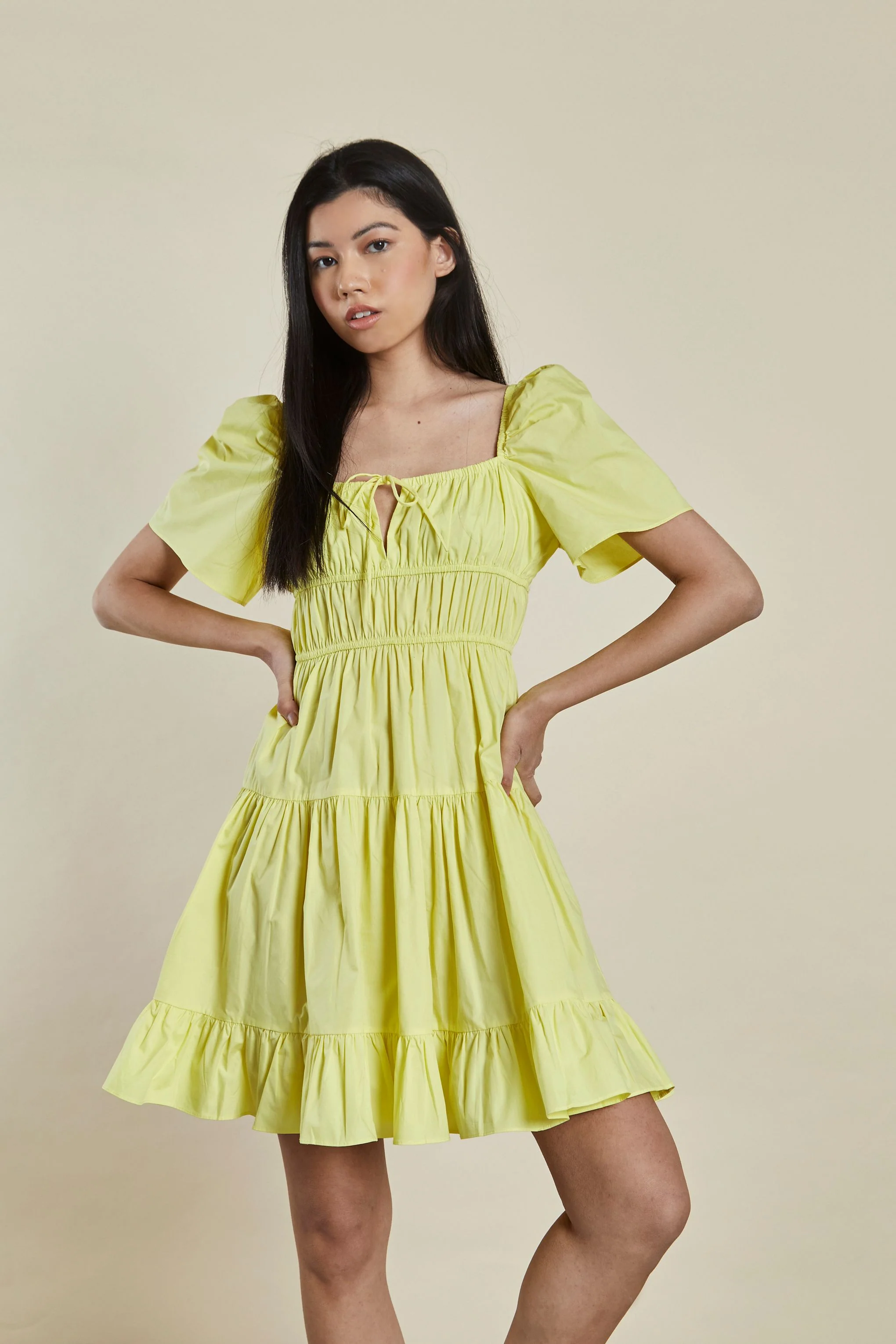 Glamorous Yellow Puff Shoulder Frill Tie Front Mini Dress - Image 4