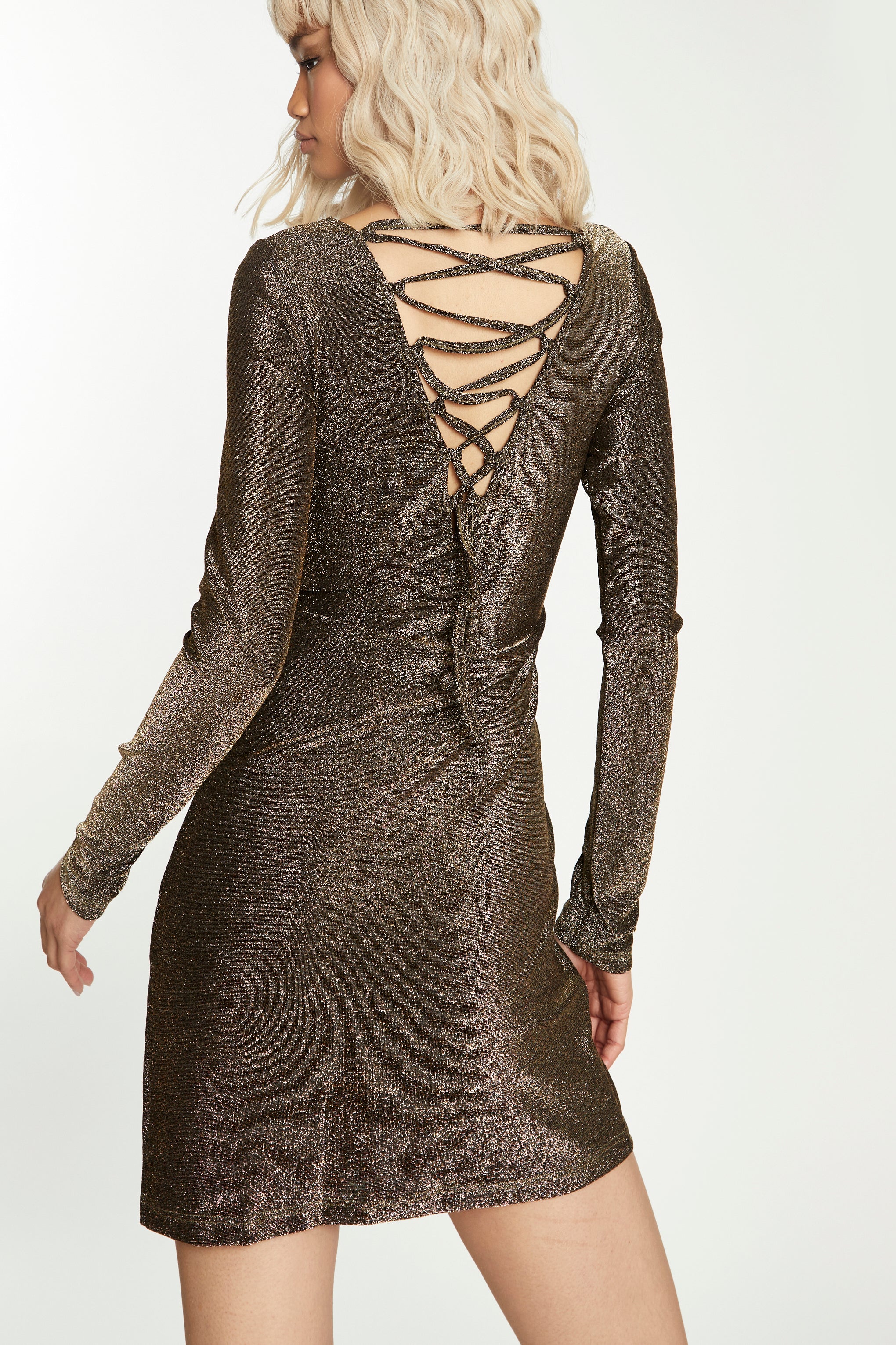 Glamorous Dark Gold Glitter Mini Dress with Lace Up Back - Image 3
