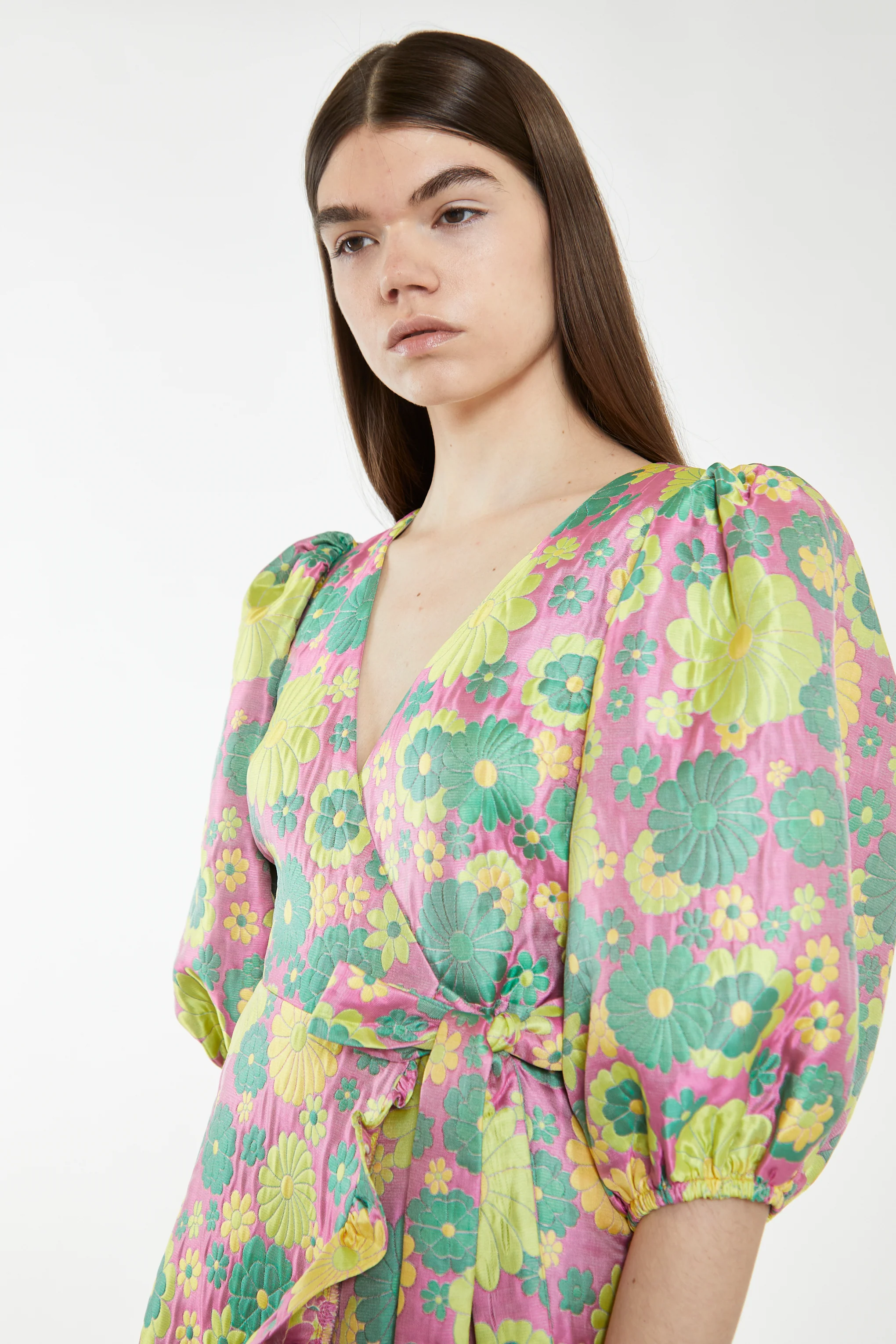 Pink-60s-Flower-Jacquard Wrap Mini Dress - Image 4