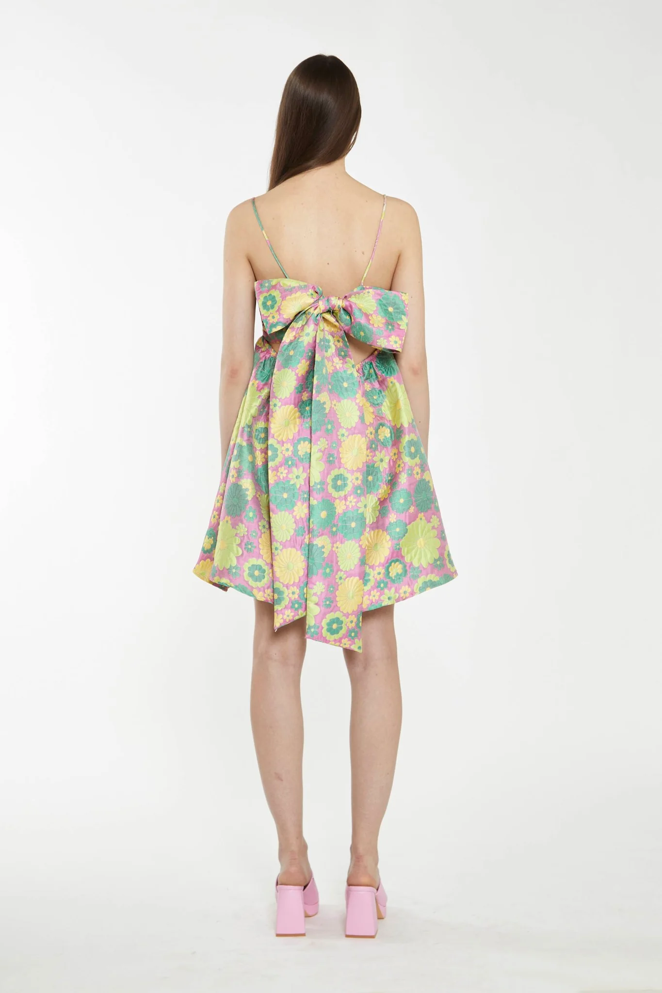 Pink-60s-Flower-Jacquard Tie Detail Mini Dress - Image 2