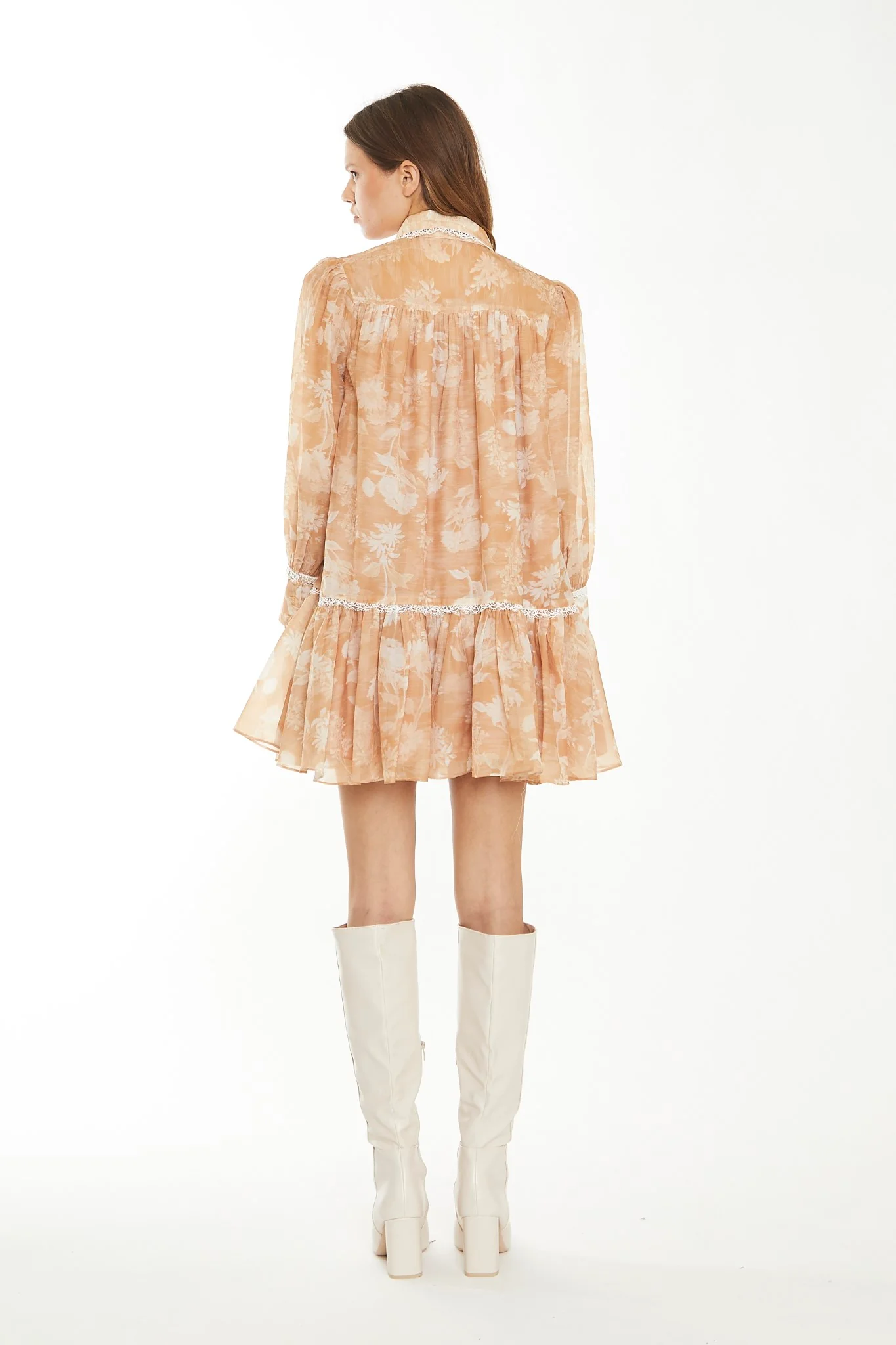 Tan White Floral Mini Shirt-Dress - Image 2