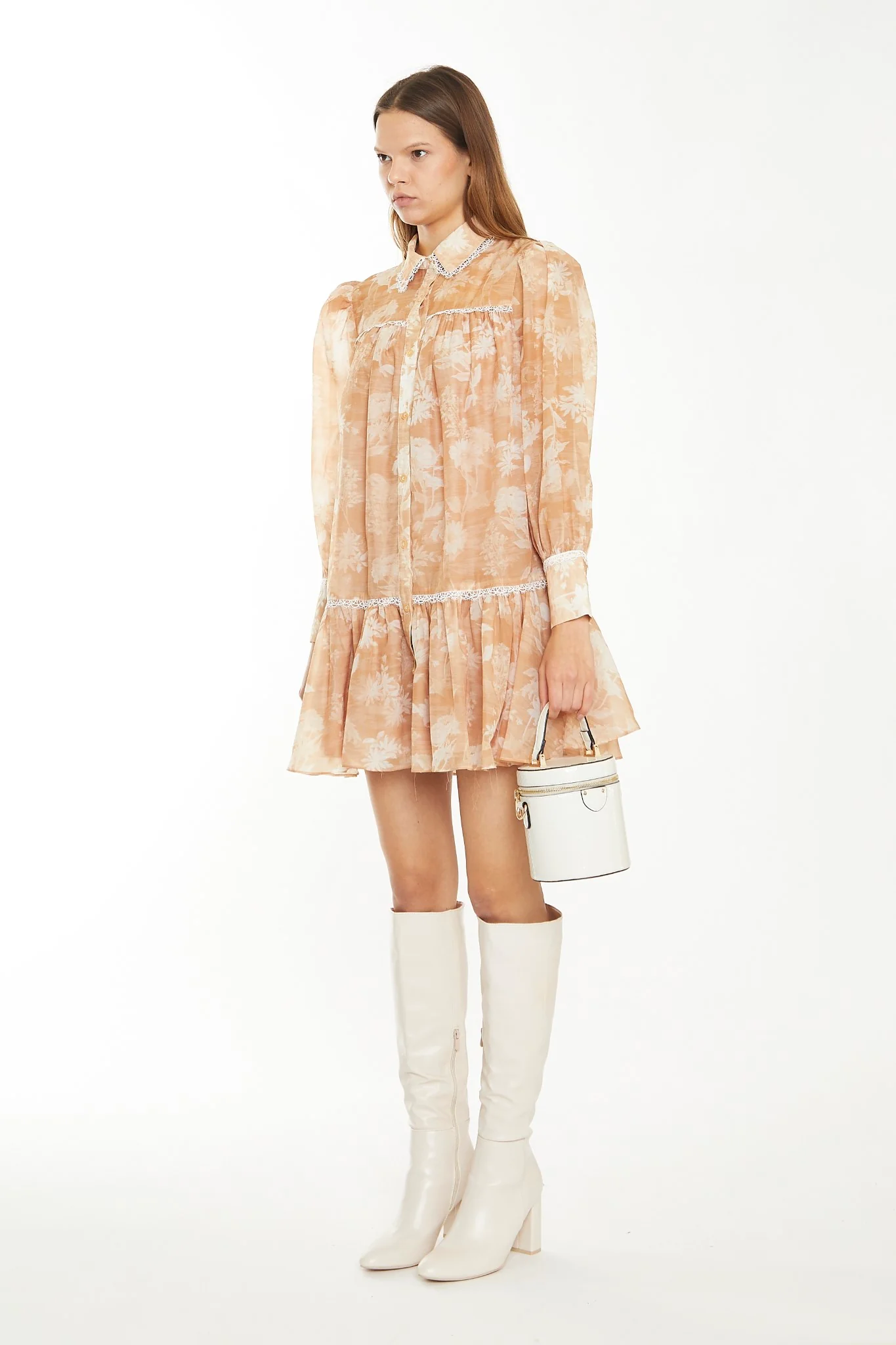 Tan White Floral Mini Shirt-Dress - Image 3