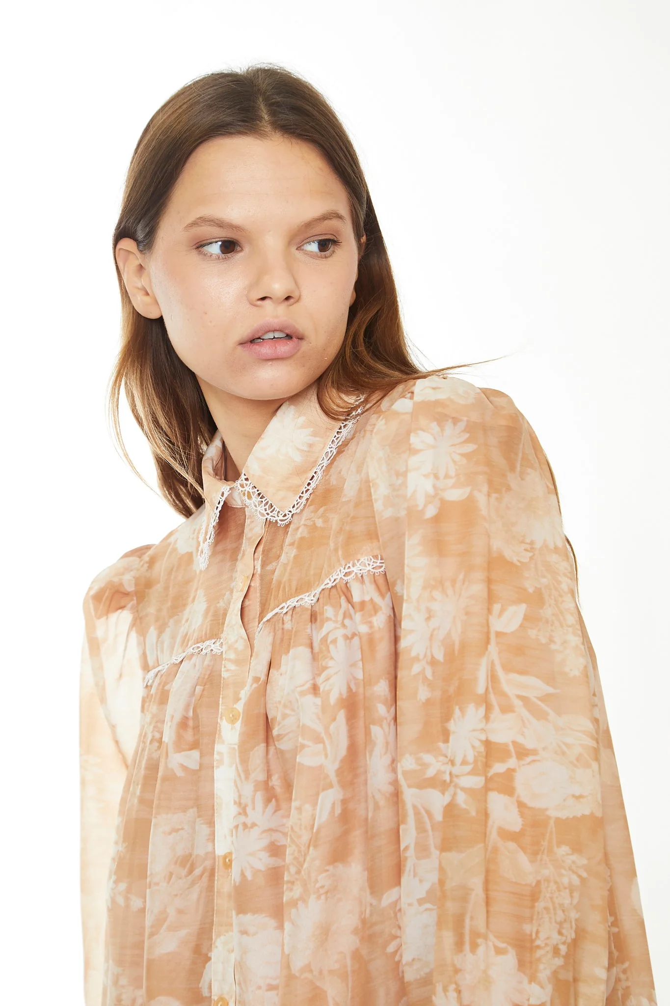 Tan White Floral Mini Shirt-Dress - Image 4