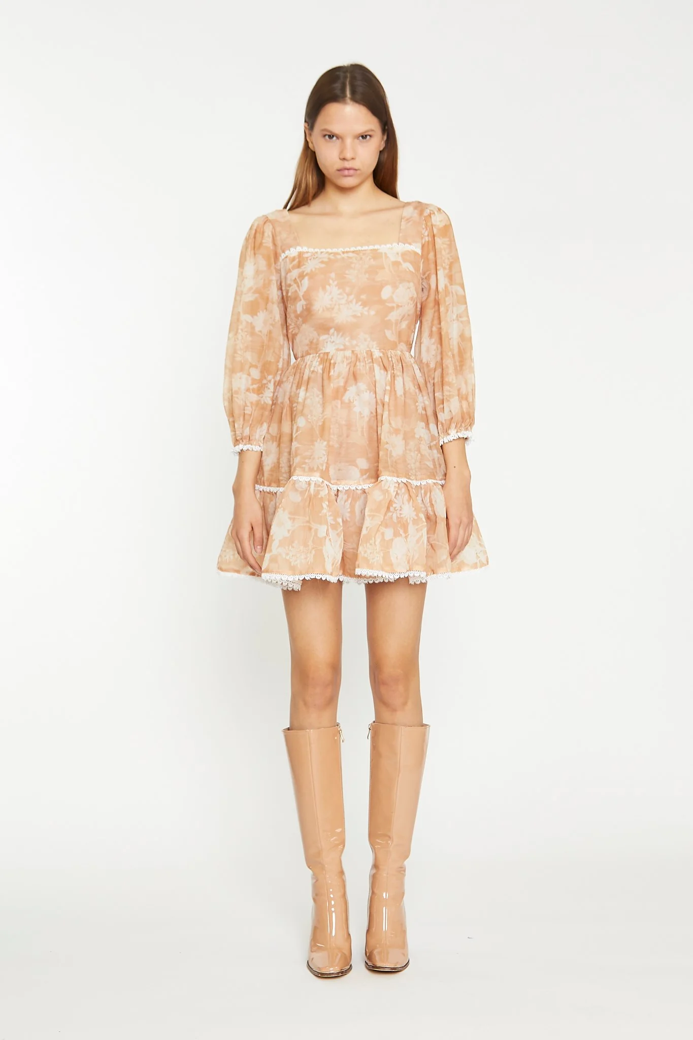 Tan White Floral Tiered Mini-Dress