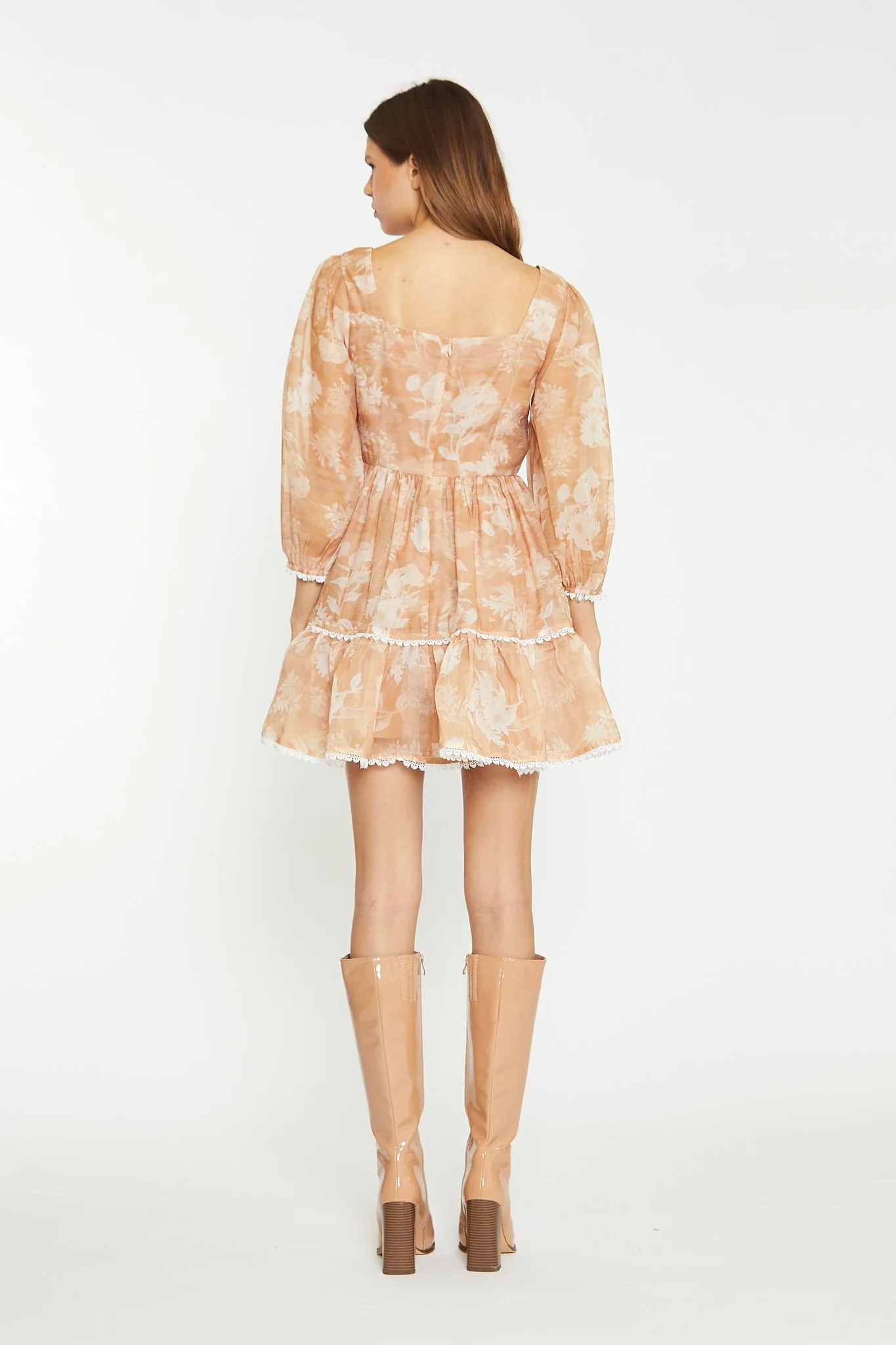 Tan White Floral Tiered Mini-Dress - Image 2