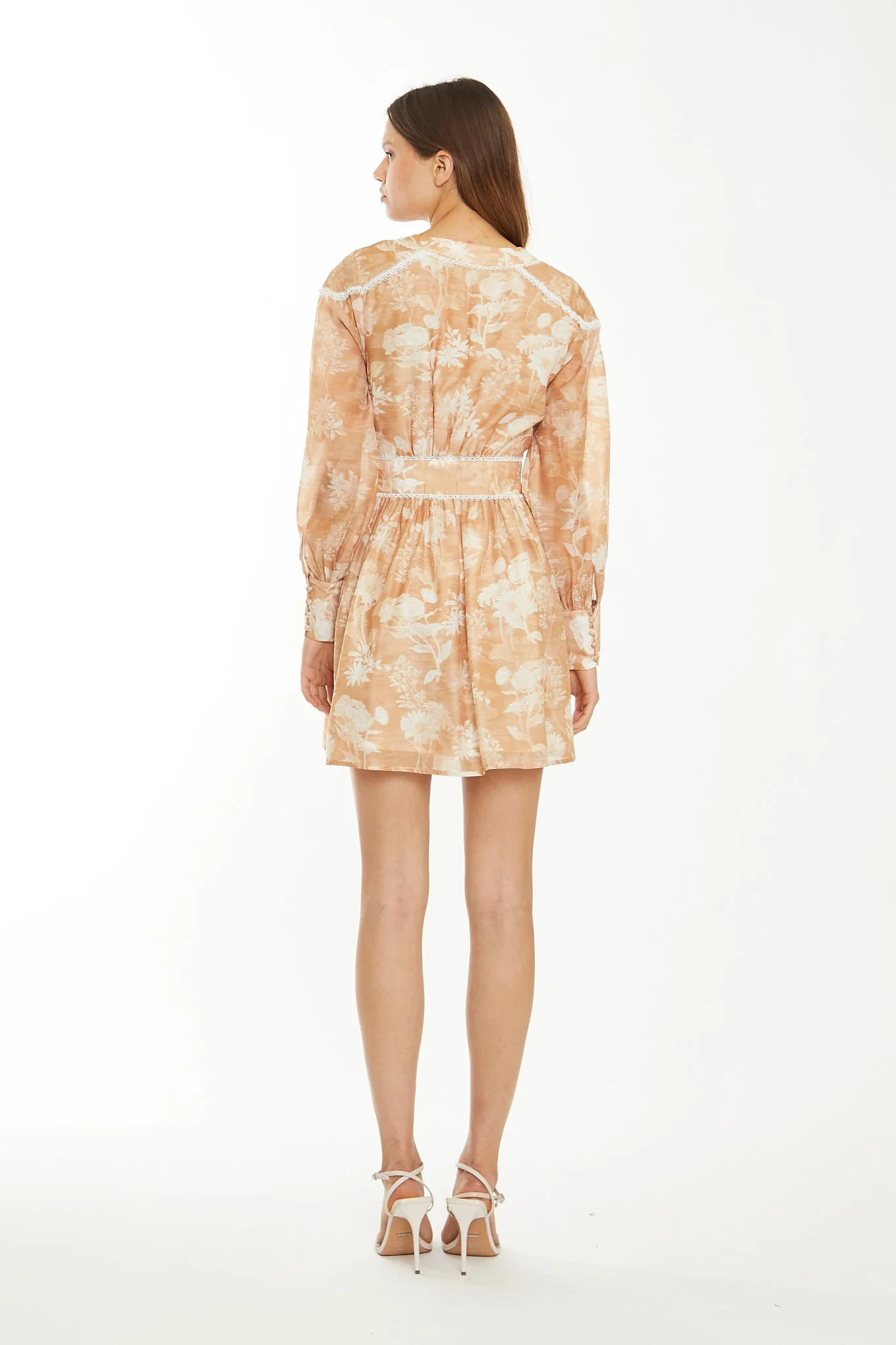 Tan White Floral Button-Through Mini-Dress - Image 2