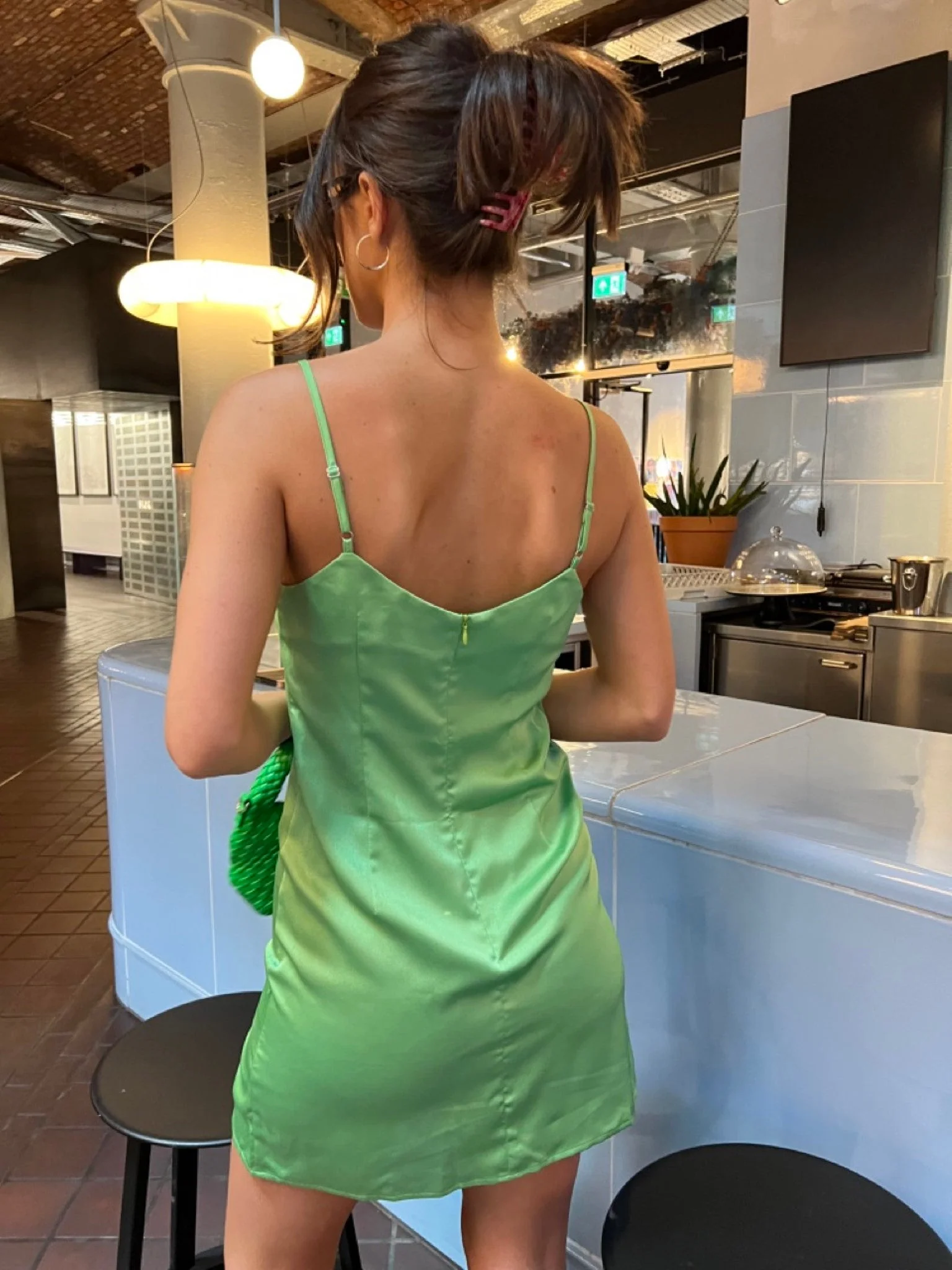 Green Satin Split Front Mini-Dress - Image 2