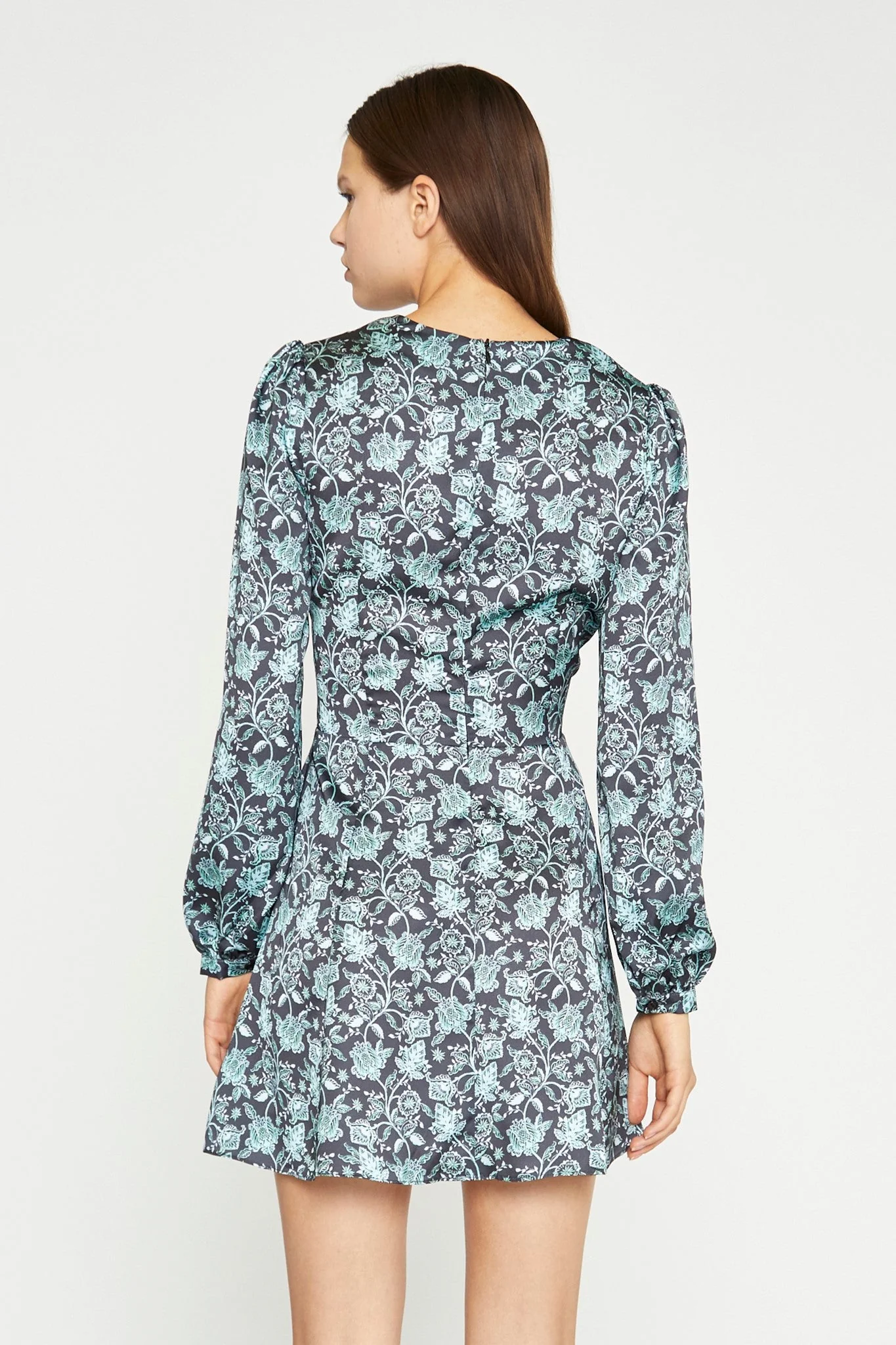 Black-Mint Paisley Satin Long Sleeve Tea Mini-Dress - Image 2