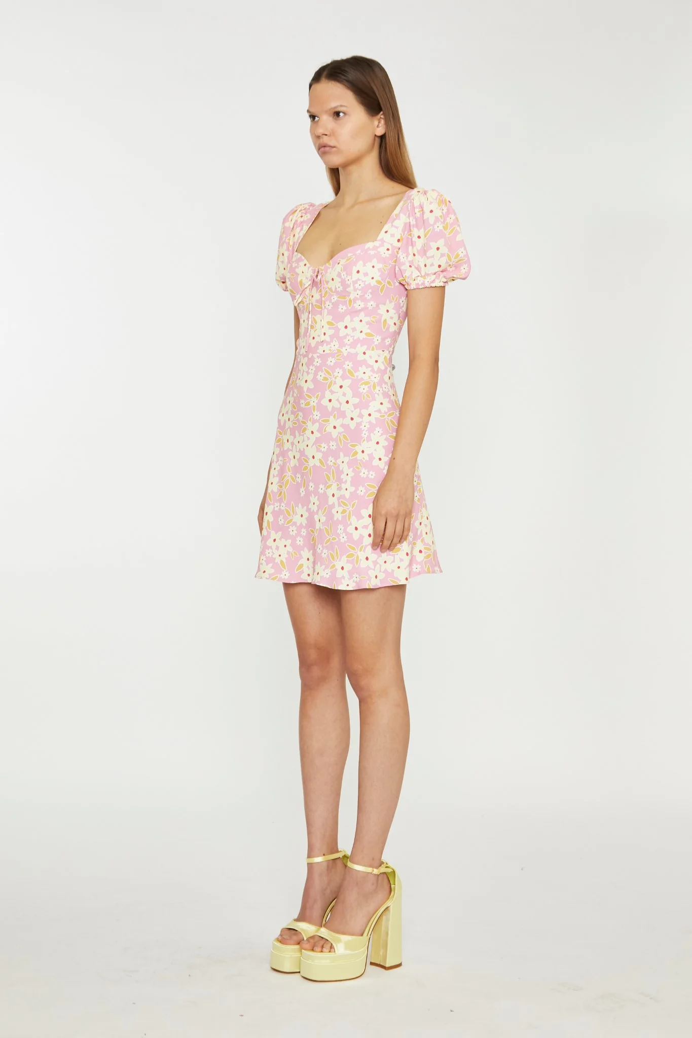 Pink-Olive-Yellow-Flower Puff Sleeve Mini Dress - Image 3