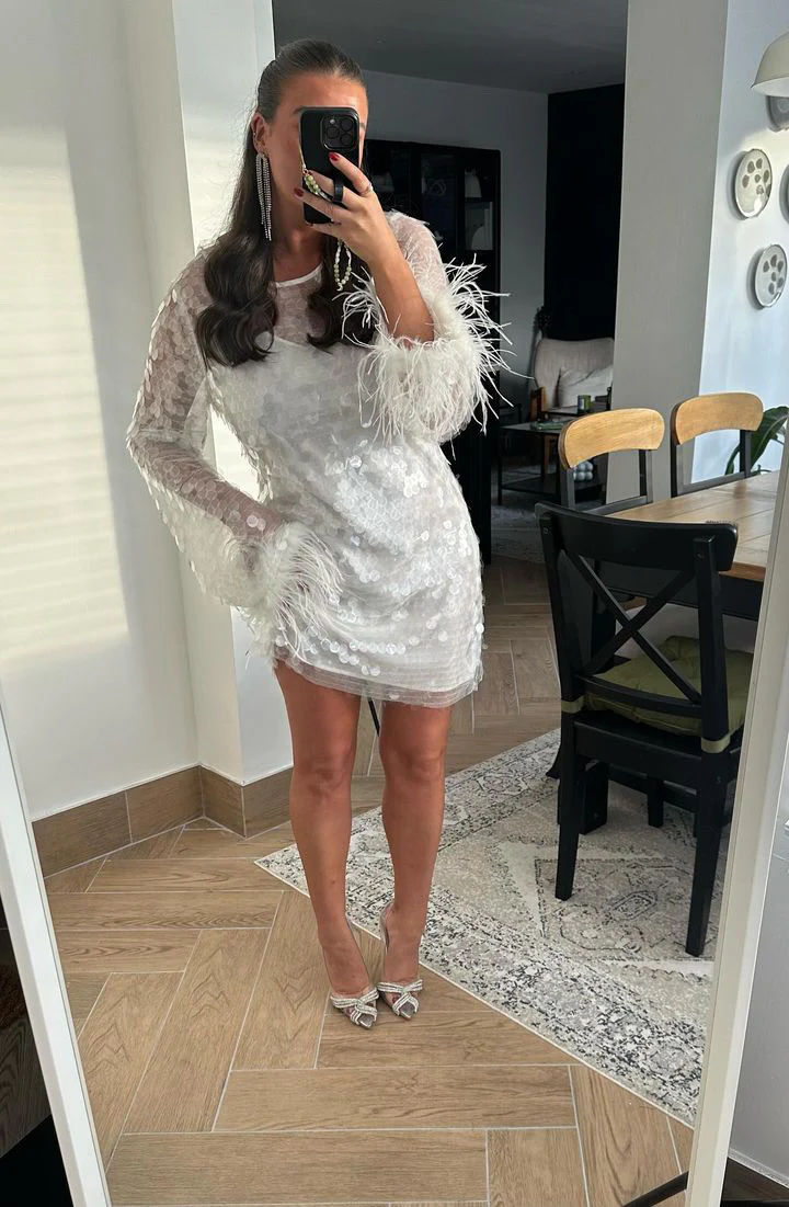 Clear-White Large-Sequin Feather Cuff Mini-Dress - Image 2