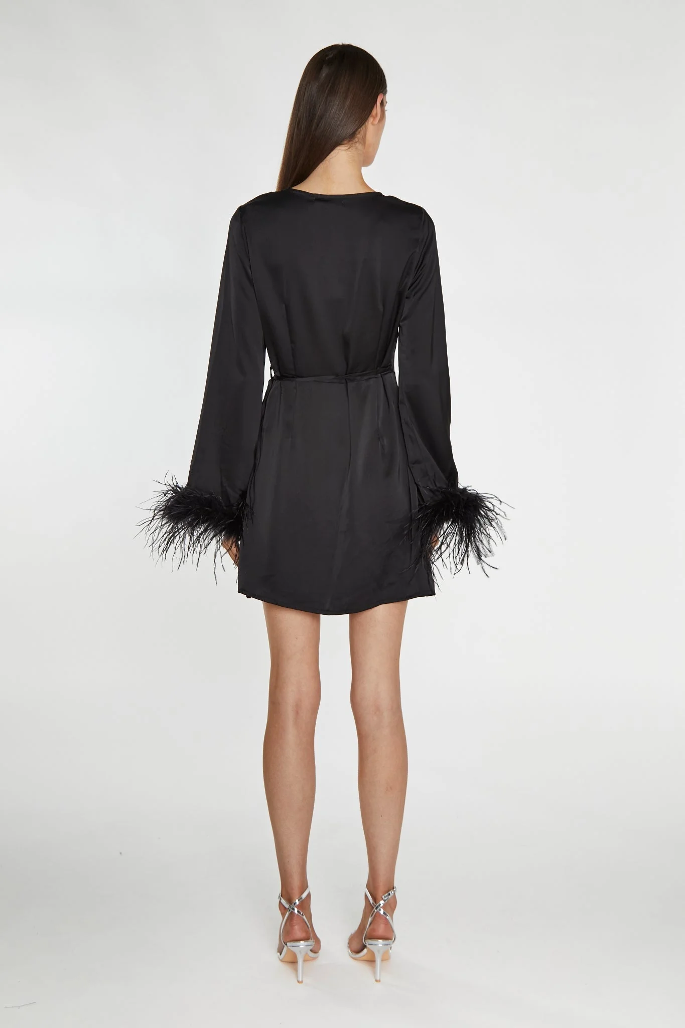 Black-Satin Feather Trim Wrap Mini-Dress - Image 3